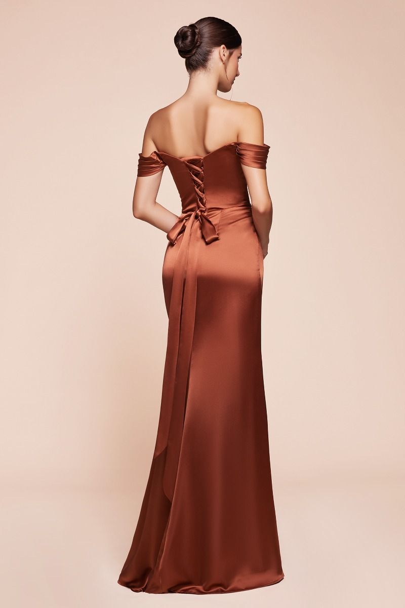 Emerson Off Shoulder Lace Up Corset Satin Evening Gown - Sienna Red Luxe Formal Dress for Prom, Wedding & Special Occasions