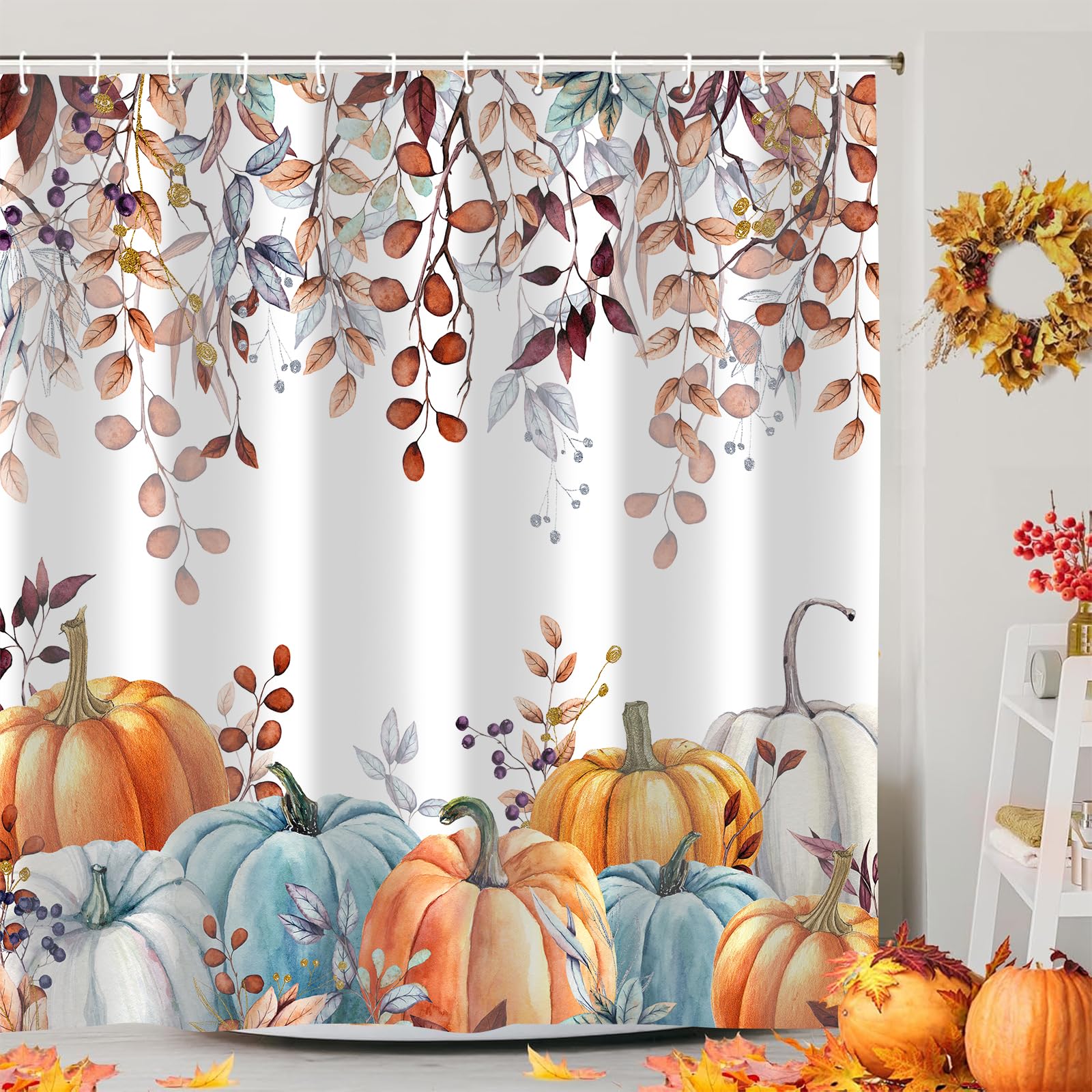 Waterproof Fall Shower Curtain Set - Thanksgiving Pumpkins & Autumn Leaves Bathroom Decor (72x72 Inch) | Blue & Orange Fabric with Hooks | Perfect for Seasonal Bathroom Upgrade & Holiday Home Decor
