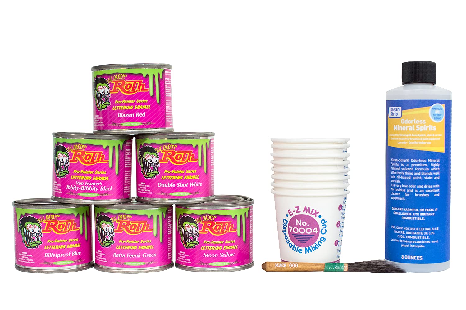 Lil' Daddy Roth Beginner Pinstriping Kit - 6 Vibrant Colors with Brush, Mixing Cups & Mineral Spirits - Complete DIY Car & Motorcycle Customization Kit for Beginners - Perfect for Automotive Detailing, Bike Decoration & Vintage Restoration Projects
