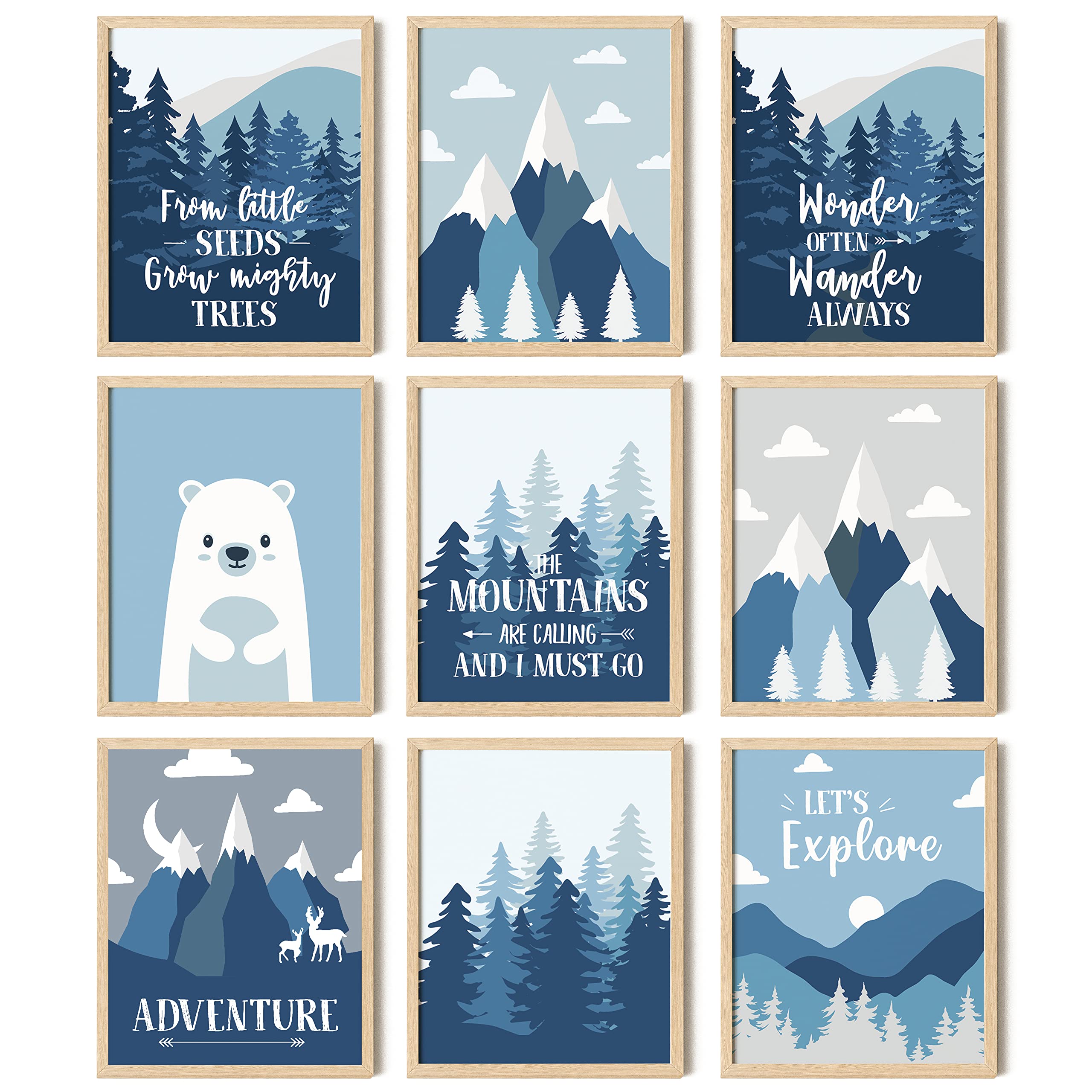 Adventure Wall Decor for Nursery & Kids Room - Mountain Themed Art Prints with Inspirational Quote, 8x10 UNFRAMED - Perfect for Baby Boy Bedroom, Classroom Decor & Outdoor Adventure Theme