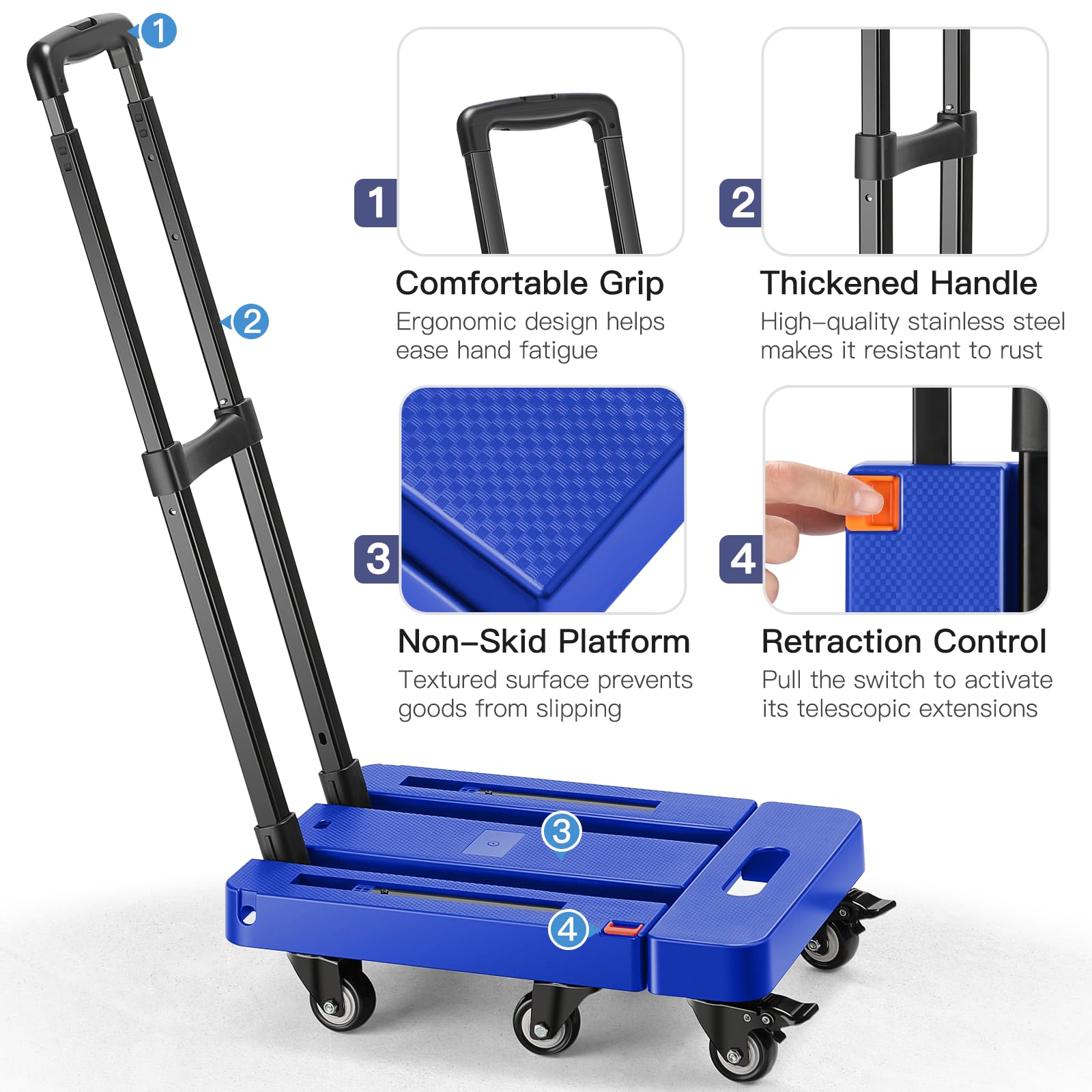 Homaisson Heavy Duty Folding Hand Truck - 550 LBS Capacity 6-Wheel Dolly Cart with 2 Ropes for Moving, Luggage & Shopping | Portable Utility Cart for Home, Office & Warehouse Use (Blue)