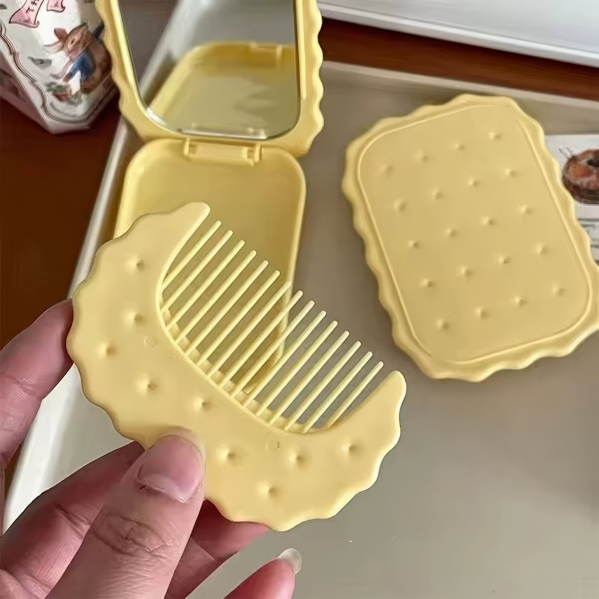 Cute Kawaii Biscuit-Shaped Compact Mirror - Portable Makeup Mirror for Travel, Purse & Touch-Ups