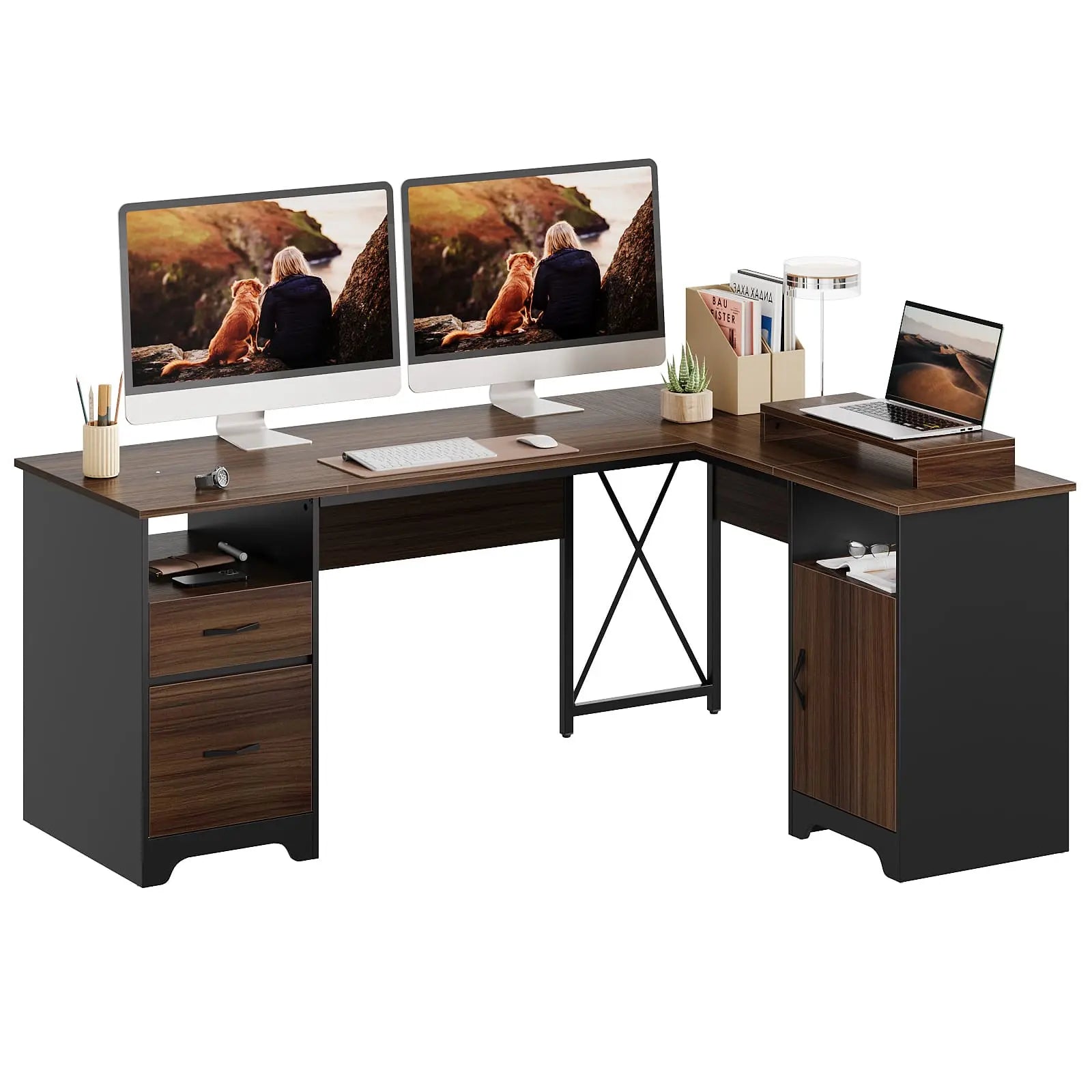 Bestier L-Shaped Computer Desk with File Drawers - Home Office Workstation for Gaming & Study, Space-Saving Corner Desk with Storage