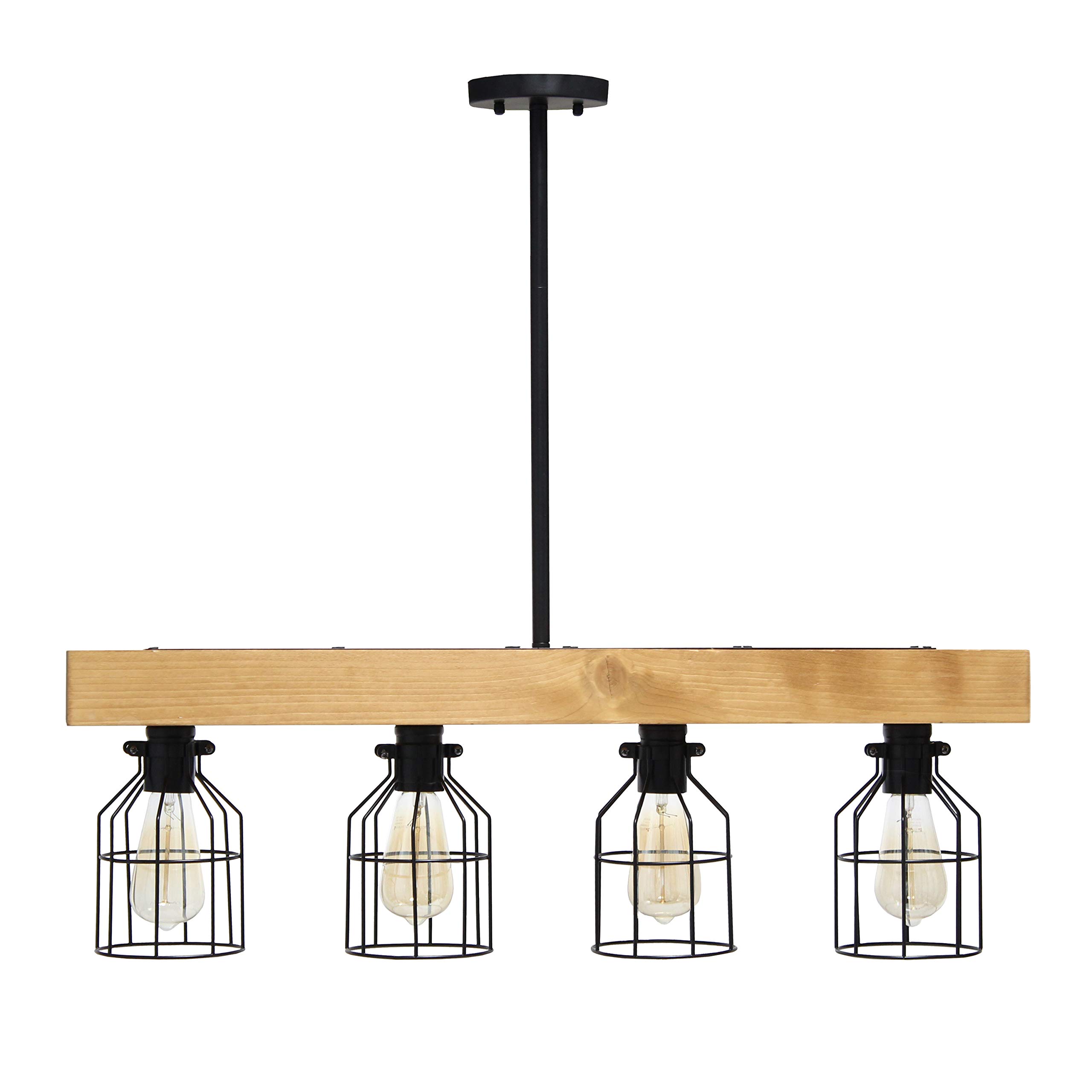 Elegant Designs CH1001-LWD 4-Light Rustic Farmhouse Industrial Wired Cage Pendant Island Light Chandelier in Light Wood - Perfect for Kitchen Islands, Dining Rooms, and Farmhouse Decor