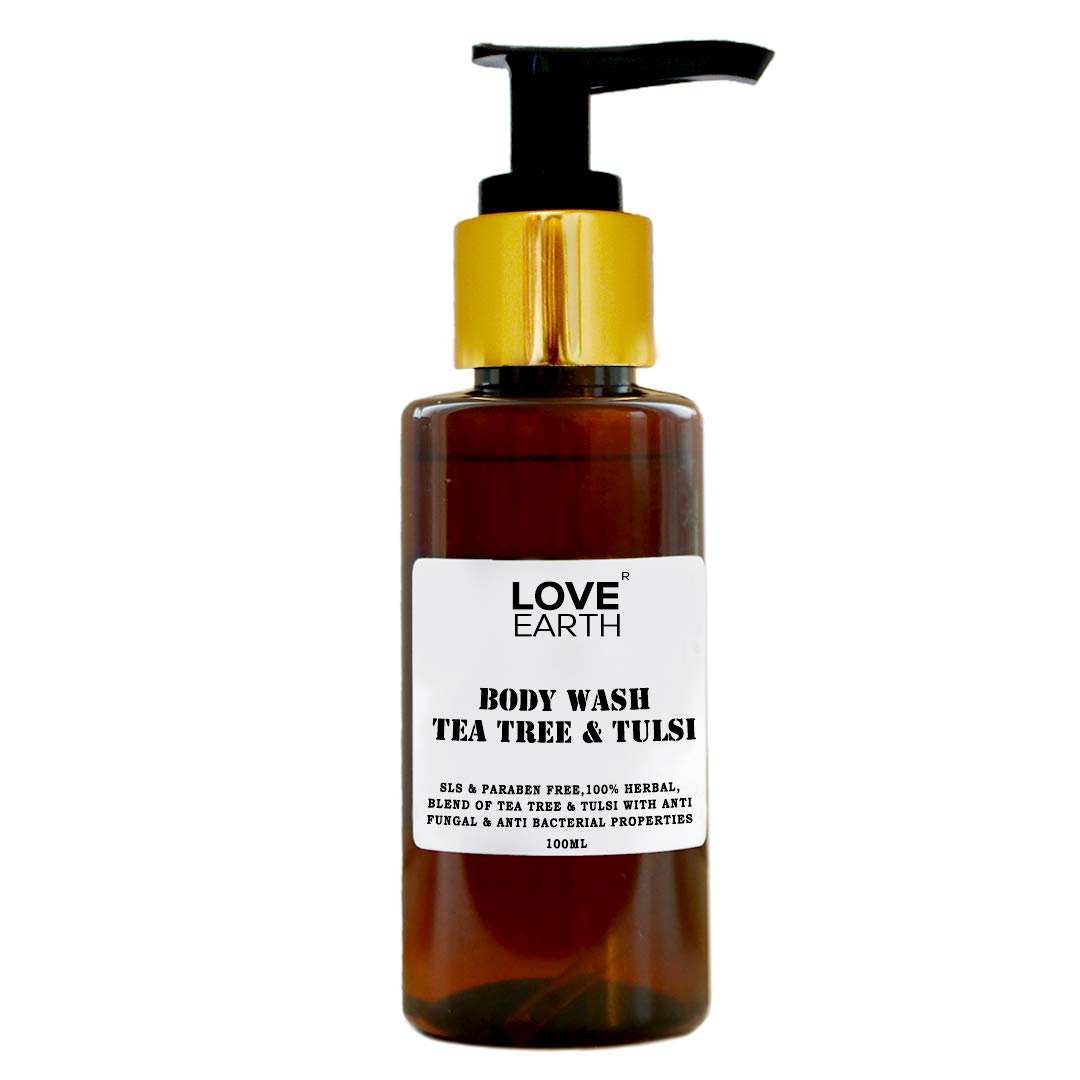 Love Earth Tea Tree & Tulsi Body Wash - Moisturizing & Antibacterial Skin Care for Dry & Sensitive Skin - 100ml - Perfect for Daily Shower & Relaxing Bath Time