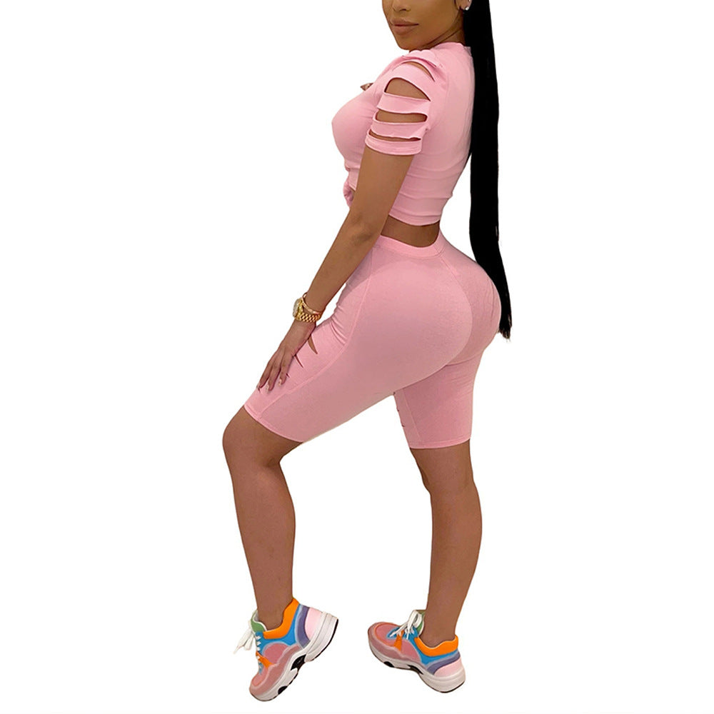 Trendy Casual Women's Sports Suit with Distressed Hole Design - Perfect for Gym, Yoga & Streetwear Fashion