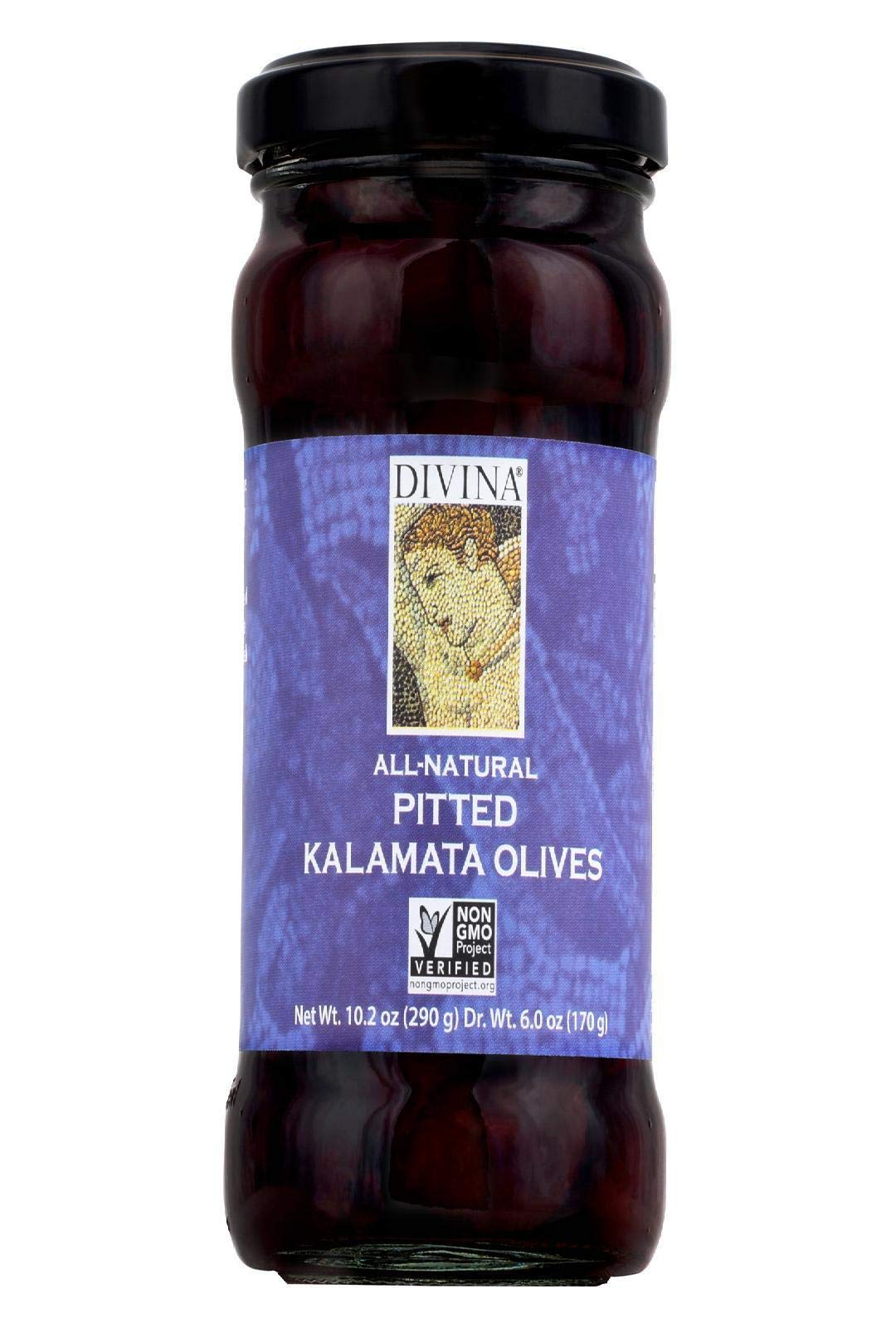 Divina Pitted Kalamata Olives - Premium Greek Olives in Brine, 6 oz Glass Jar - Perfect for Salads, Charcuterie Boards & Mediterranean Recipes