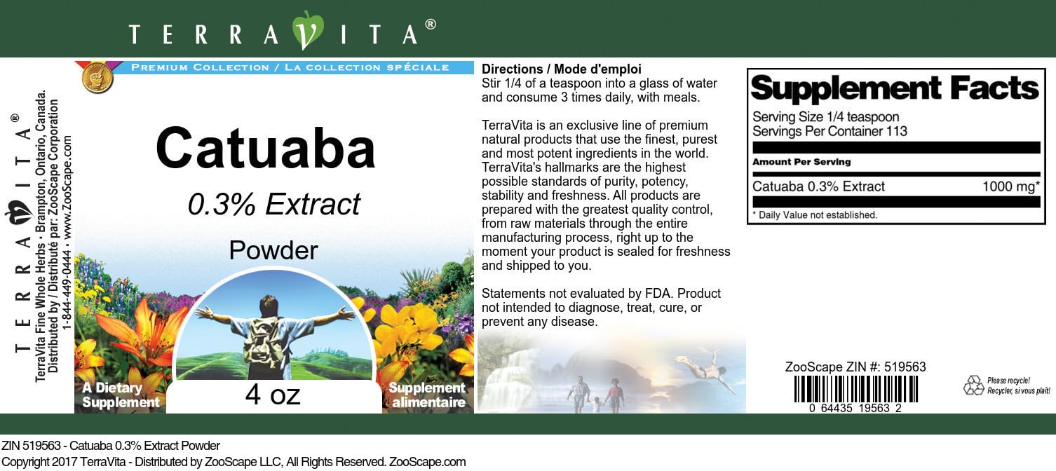 Premium Catuaba Bark Powder 0.3% Extract (4 oz) - Natural Energy Booster & Aphrodisiac Supplement - Perfect for Herbal Tea, Smoothies & Wellness Routines