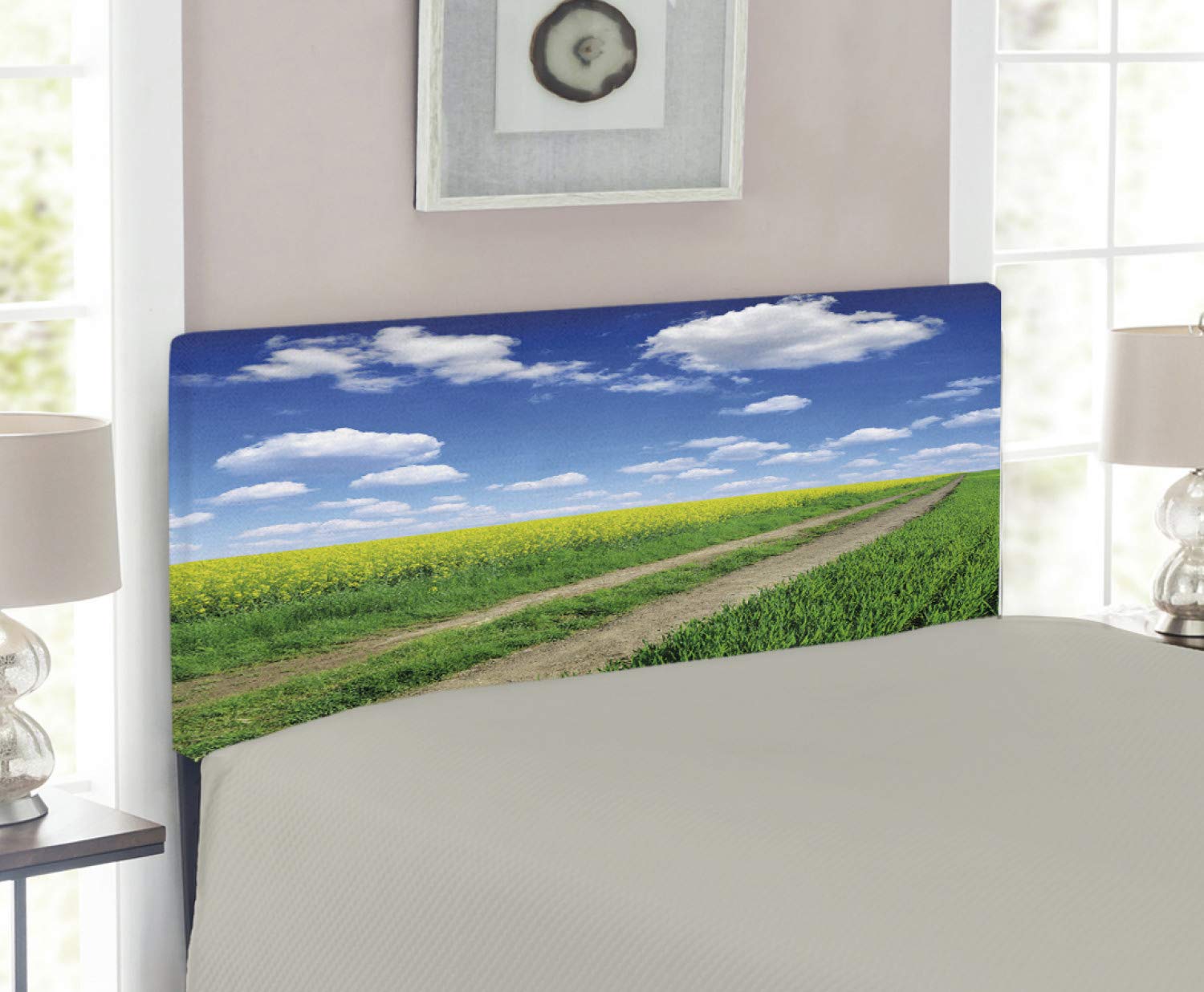 Ambesonne Twin Size Upholstered Headboard with Memory Foam - Yellow & Blue Countryside Road Design, Green Blue White Decor for Bedroom | Perfect for Farmhouse, Cottage & Nature-Themed Bedrooms