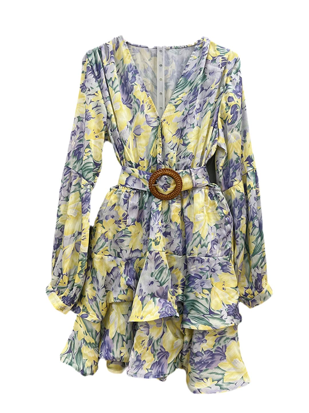 Women's V-Neck Printed Colorblock Mini Dress with Long Sleeves & Belted Pull-Up Waist - Perfect for Office Wear, Date Night & Cocktail Parties