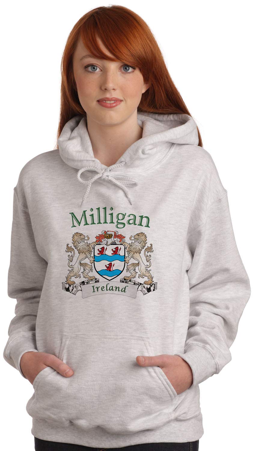 Milligan Irish Coat of Arms Hooded Sweatshirt - Premium Ash Grey Pullover with Family Crest Design | Perfect for St. Patrick's Day, Irish Heritage Events & Casual Winter Wear
