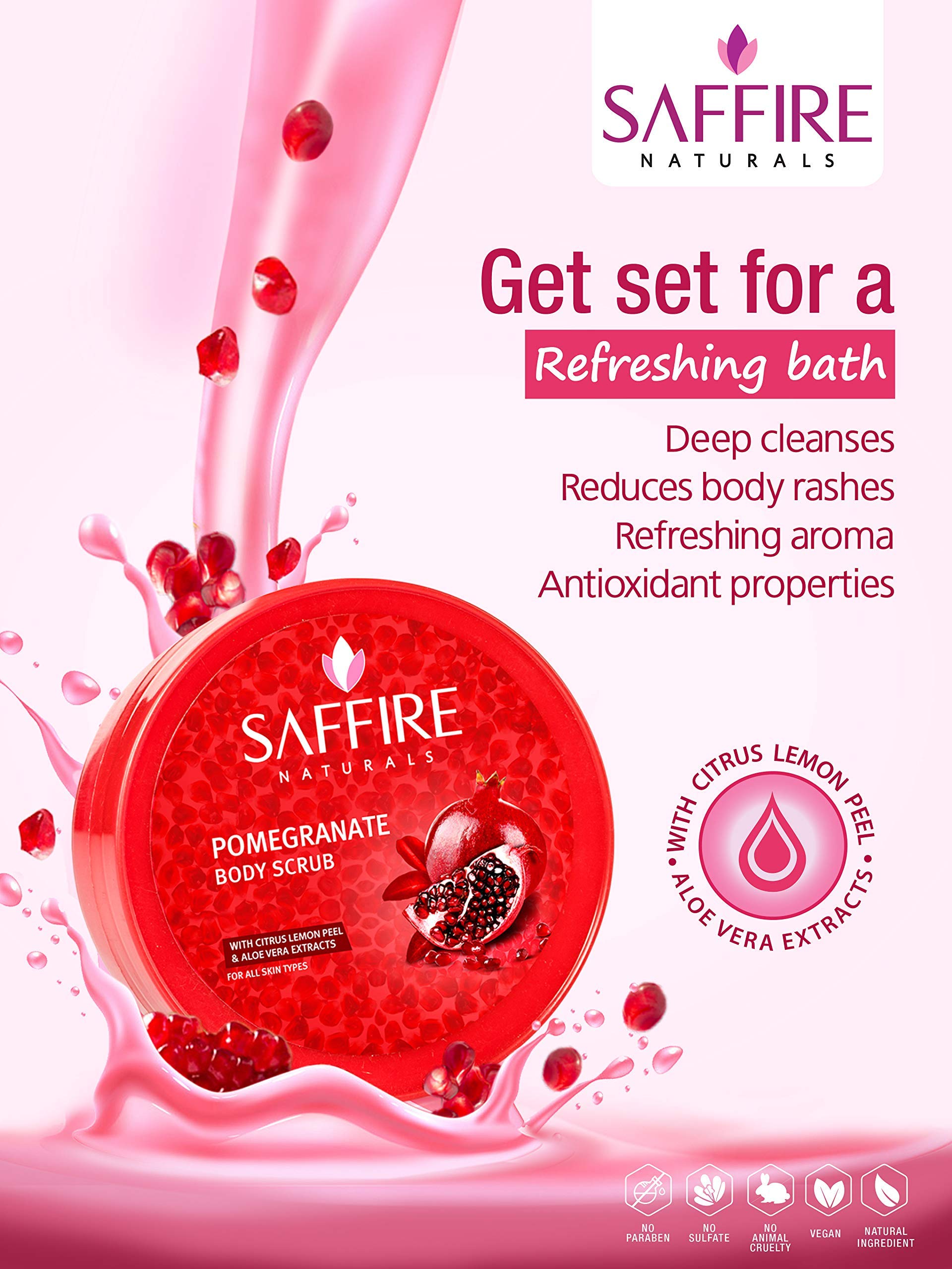 Saffire Pomegranate Body Scrub with Citrus Lemon Peel & Aloe Vera Extract - Exfoliating & Moisturizing for All Skin Types (Pack of 1) - Perfect for Spa Day, Dry Skin Treatment & Pre-Tanning Prep