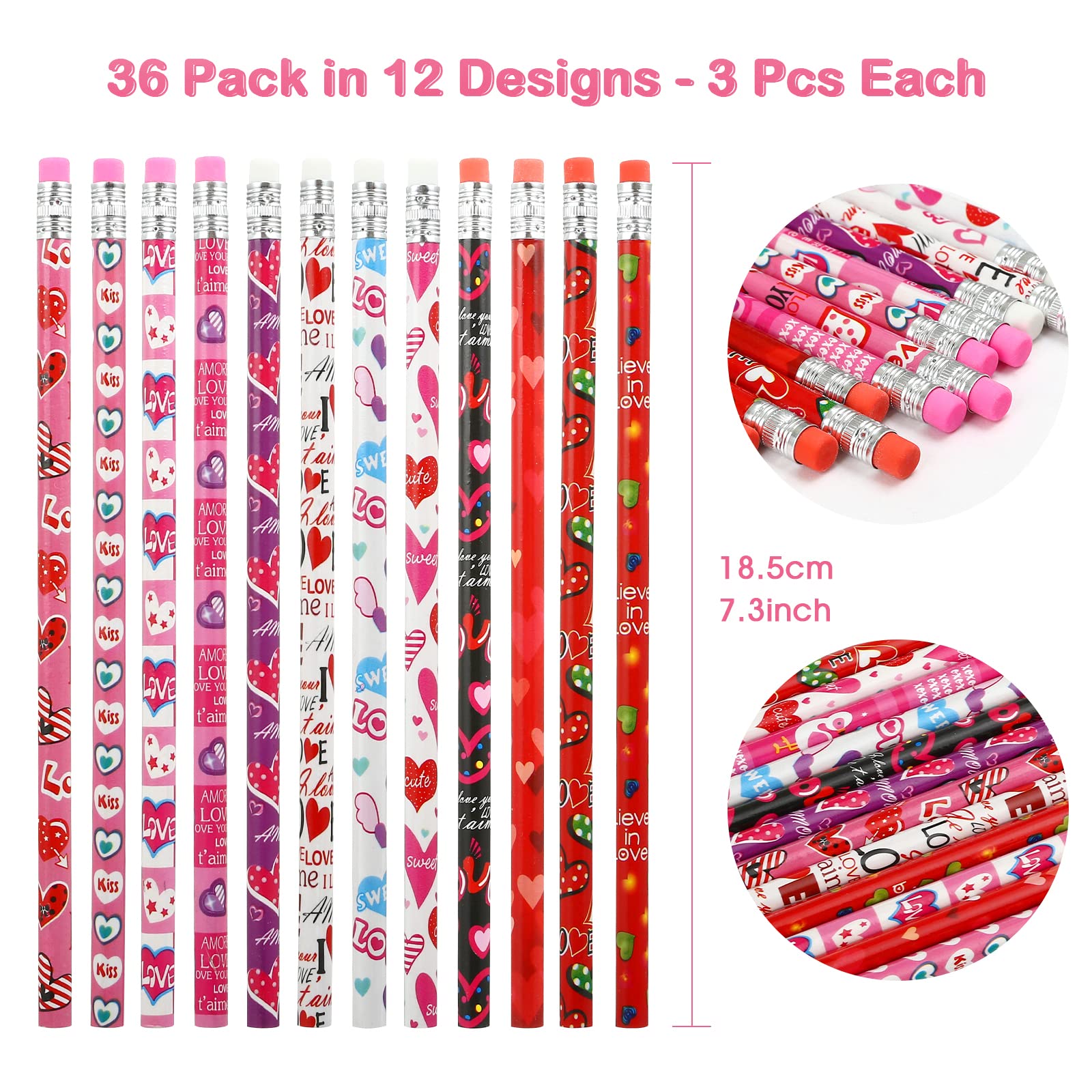 Kesote Valentine's Day Heart Pencils with Erasers - 36 Pack Classroom Pencils for Kids, Valentine Gifts, Party Favors, Goodie Bag Fillers | Perfect for School Celebrations, Classroom Rewards & Valentine's Day Parties