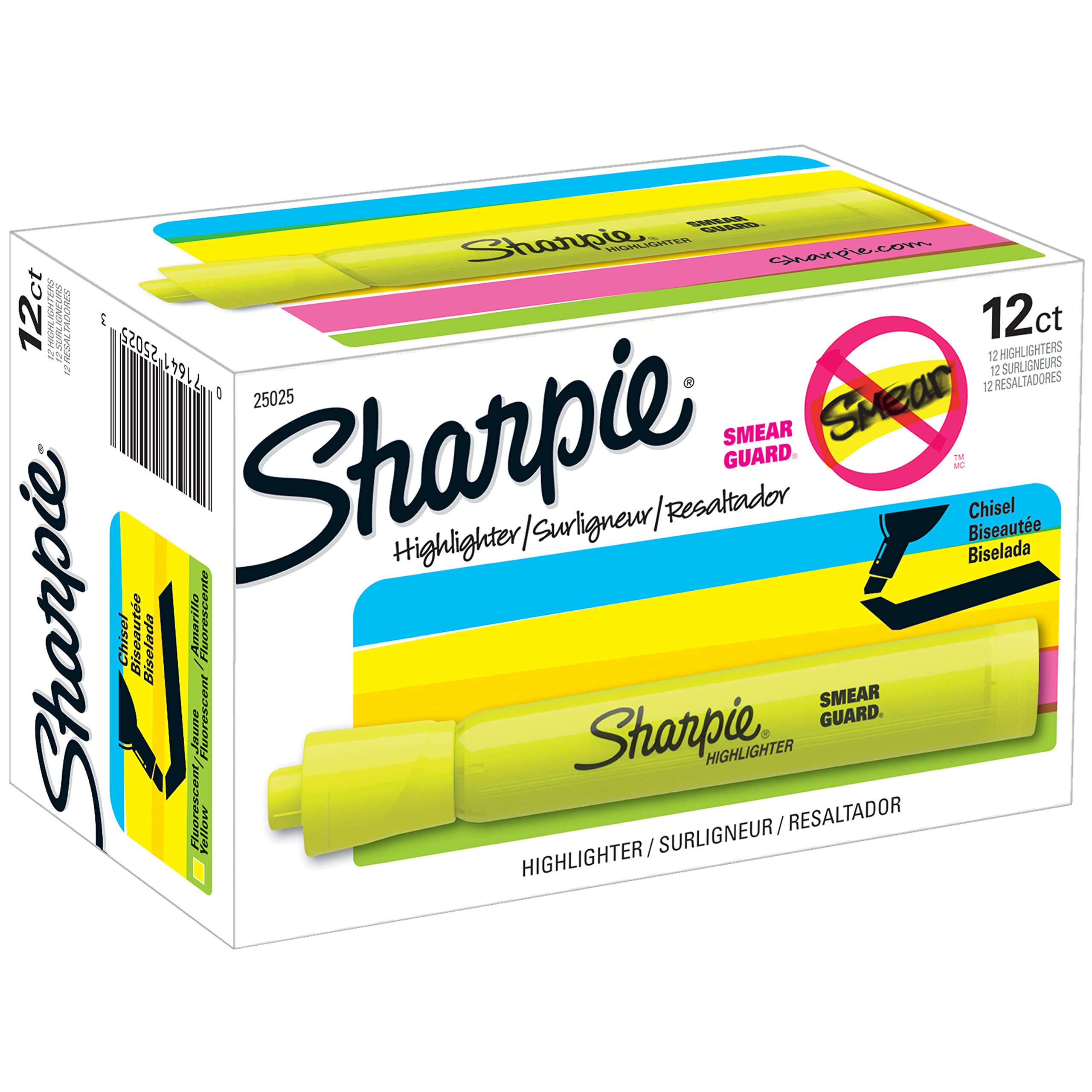 Sharpie Accent Highlighters, Fluorescent Yellow - 12 Pack (25025) | Bright, Long-Lasting Markers for Office, School & Study Notes