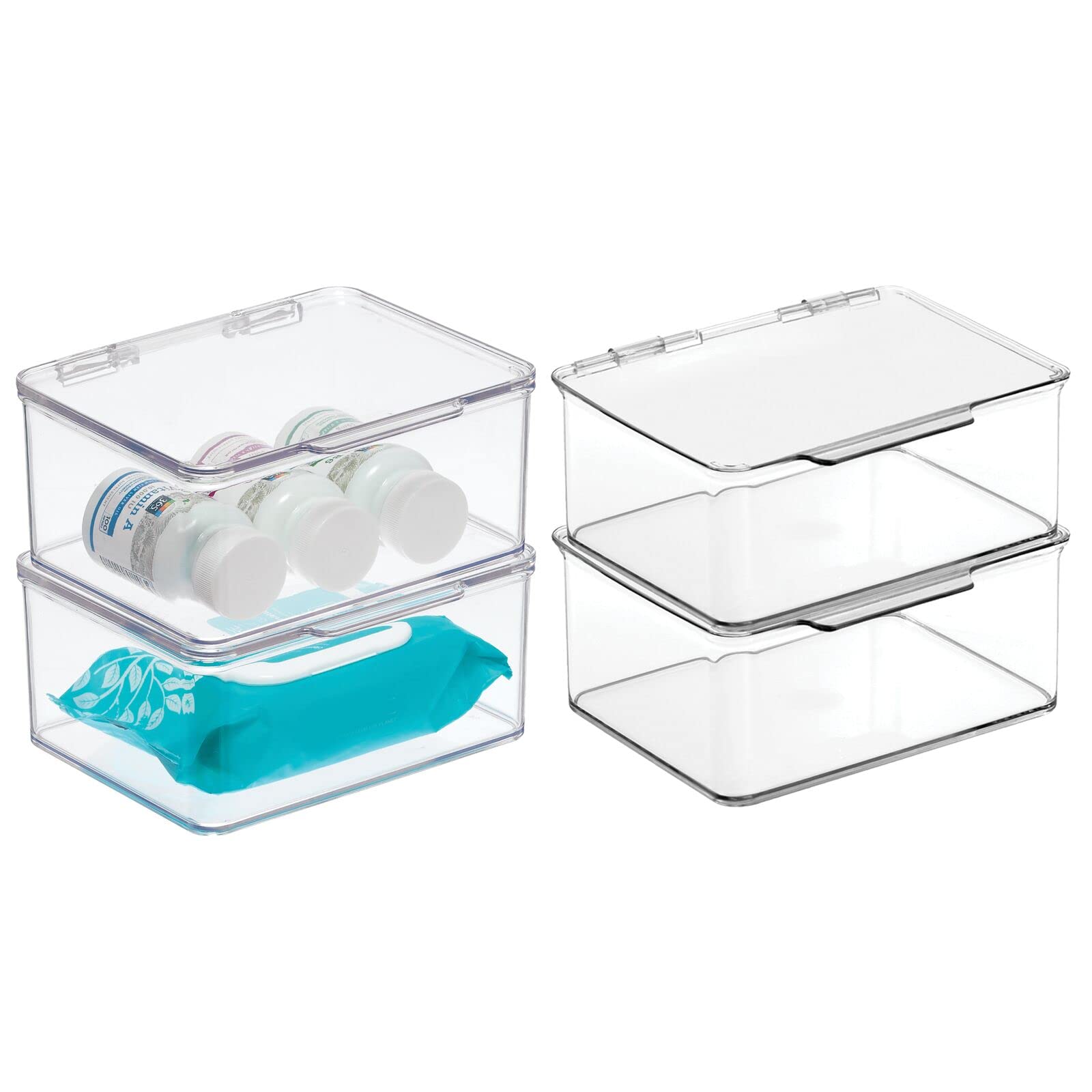 mDesign Clear Plastic Stackable Storage Organizer Box with Hinged Lid - 4 Pack for Bathroom, Closet, Shelf & Vanity | Perfect for Organizing Medicine, Soap, Lotion, Cotton Swabs, Hair Tools & More | Space-Saving Solution for Home & Office Organization