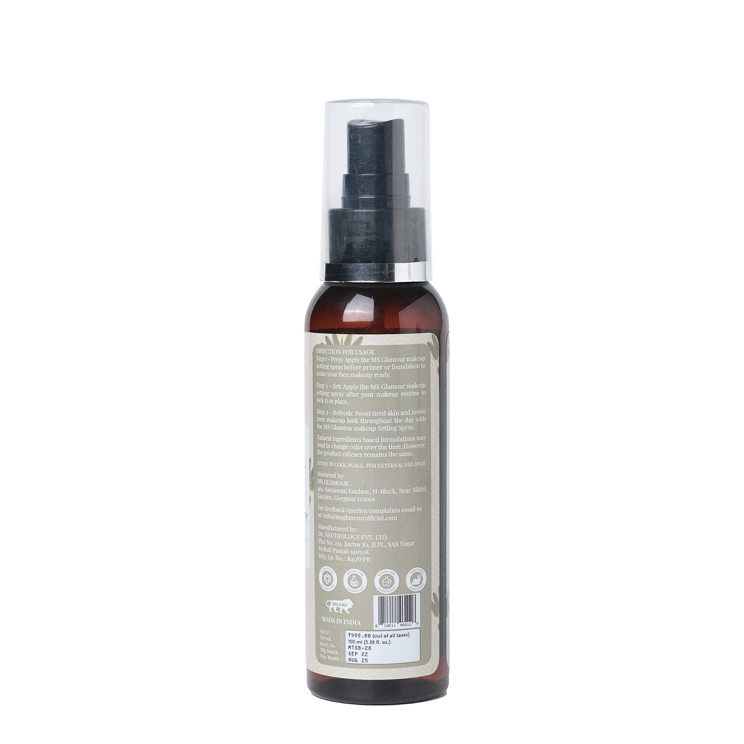 MS Glamour Makeup Setting Spray - Long Lasting 24H Oil Control, Transfer-Proof & Waterproof Formula | Clear & Lightweight (100ml) | Perfect for Daily Wear, Gym & Special Occasions