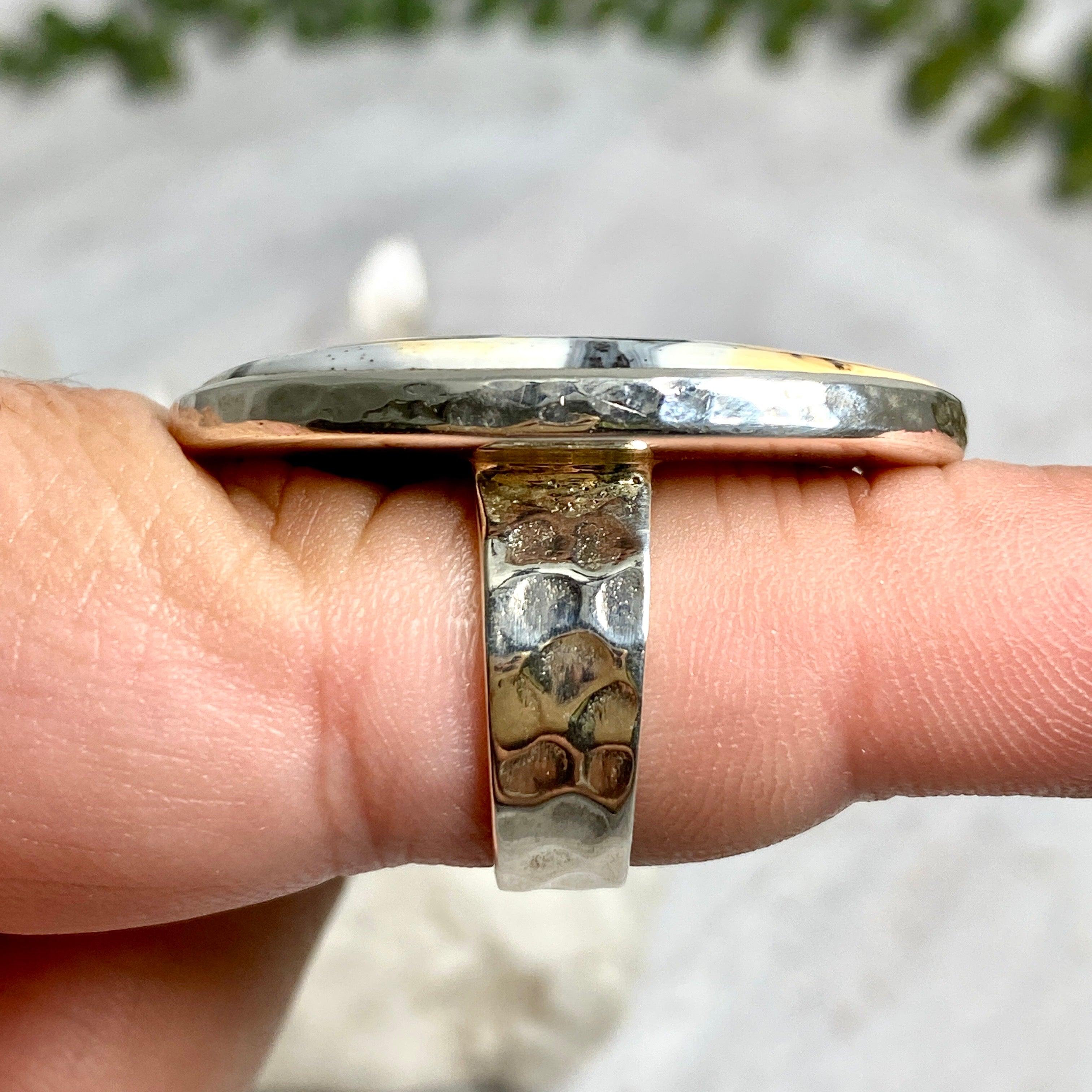 Maligano Jasper Oval Cabochon Ring with Beaten Band - Size 8 - KRGJ1564 - Handmade Boho Jewelry for Women, Perfect for Everyday Wear & Gift Giving