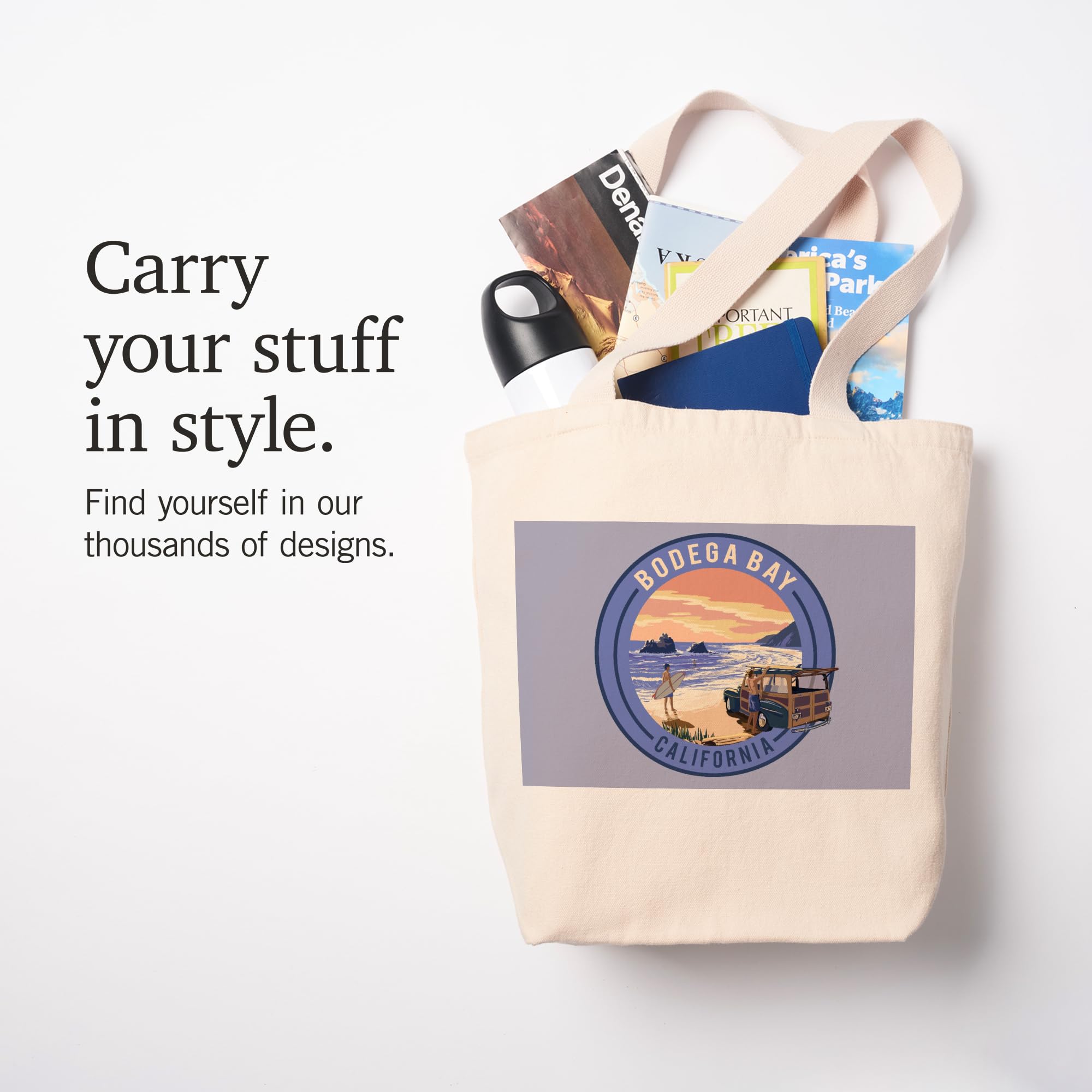 Lantern Press Bodega Bay California Woody on Beach - 100% Cotton Canvas Reusable Tote Bag for Shopping, Beach Trips & Daily Use