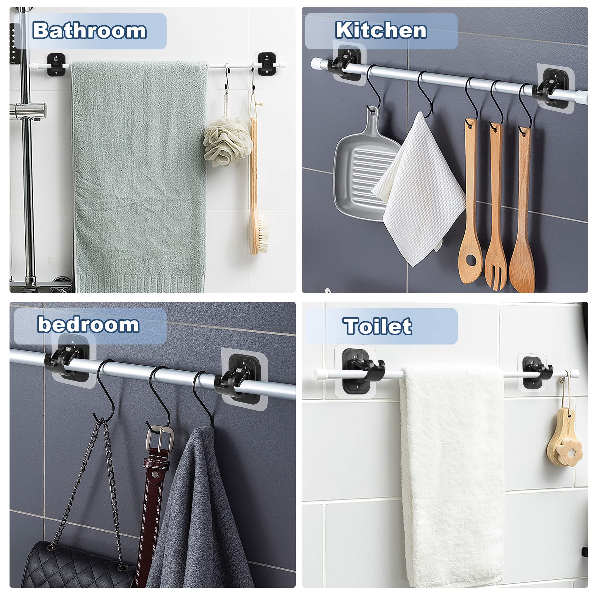 10PCS No Drill Self Adhesive Curtain Rod Holders - Adjustable Brackets for Bathroom, Kitchen, Home & Hotel - Easy Installation, No Tools Needed - Perfect for Windows, Showers & Drapes (Black)