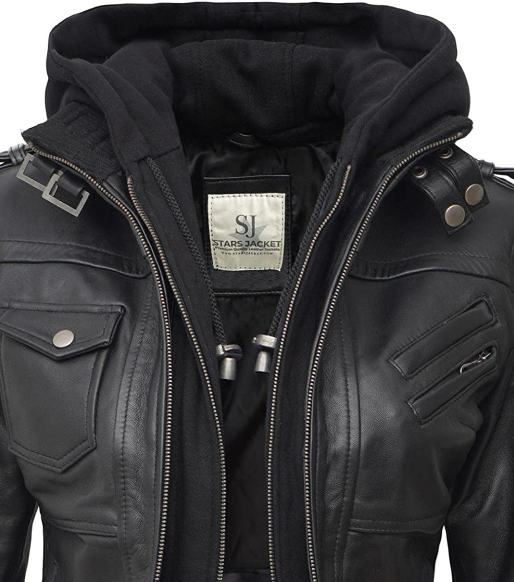 Women's Black Leather Bomber Jacket with Removable Hood - Stylish & Versatile Outerwear for Casual, Work & Night Out (Large)