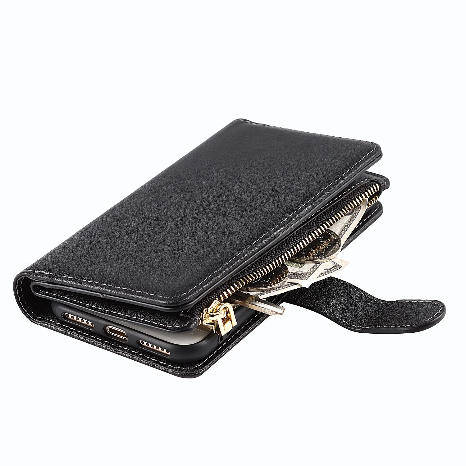 Premium Leather Magnetic Wallet Case for iPhone SE/8/7 - RFID Blocking Card Holder with Strap Stand - Slim Protective Cover for Men & Women - Perfect for Travel, Work & Everyday Use (Black)