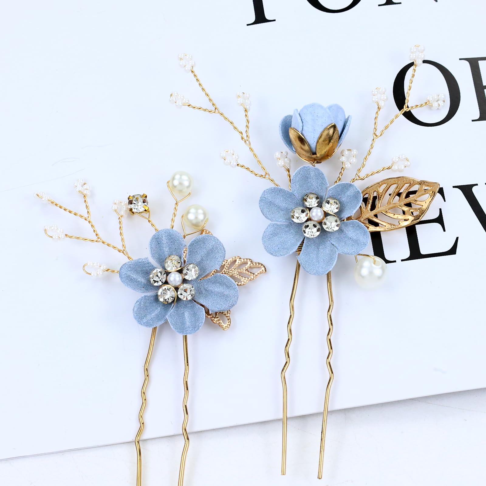 18-Piece Bridal Hair Accessories Set - Pearl Rhinestone Light Blue Flower Side Combs, U-Shaped Pins & Spiral Hairpins for Weddings, Prom, Parties | Perfect for Brides, Bridesmaids & Women