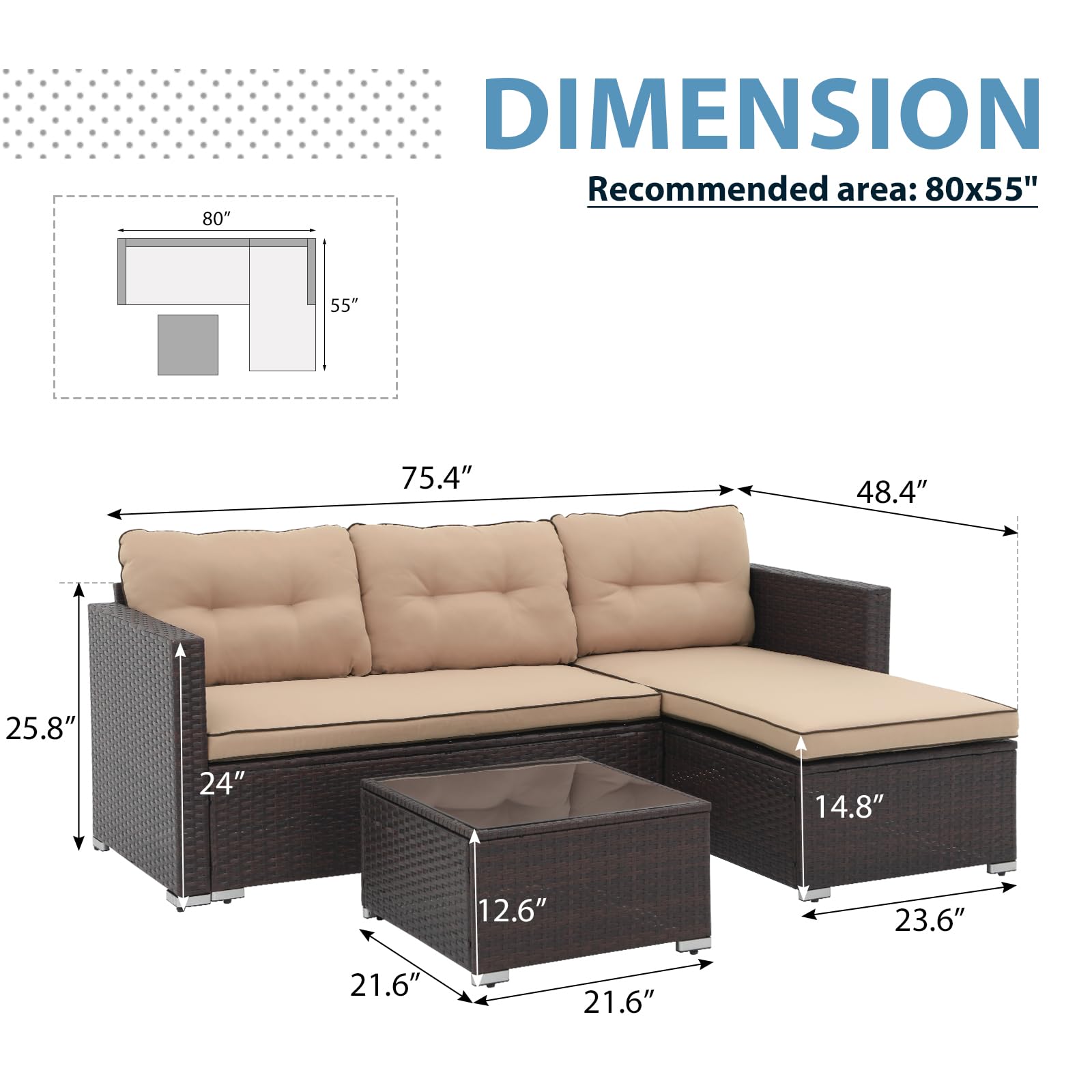 JOIVI Outdoor Patio Furniture Set - All-Weather Wicker Rattan L-Shaped Sectional Sofa with Cushions & Tempered Glass Coffee Table - Perfect for Backyard, Garden, Poolside or Balcony Relaxation (Beige)