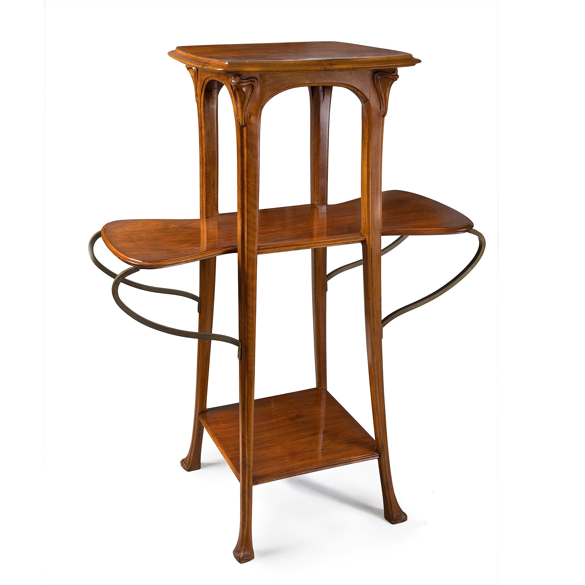 Eugène Gaillard Walnut and Bronze Pedestal - Antique French Pedestal Stand for Home Decor, Living Room, Entryway, or Office Display