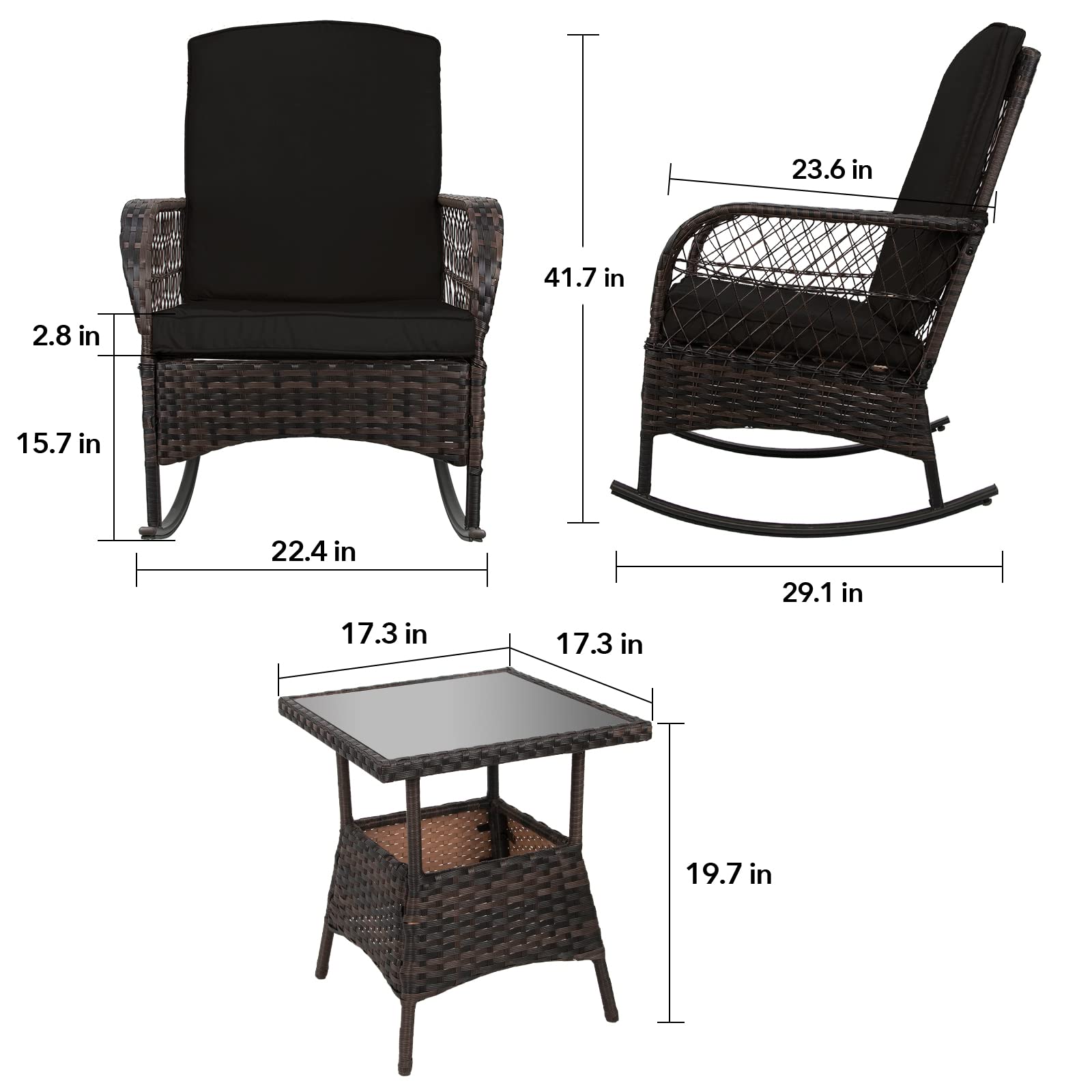 LEVELEVE 3-Piece Outdoor Rocking Bistro Set - PE Wicker Patio Conversation Chairs with Comfortable Rocking Motion (Black) - Perfect for Backyard, Garden, Porch or Poolside Relaxation