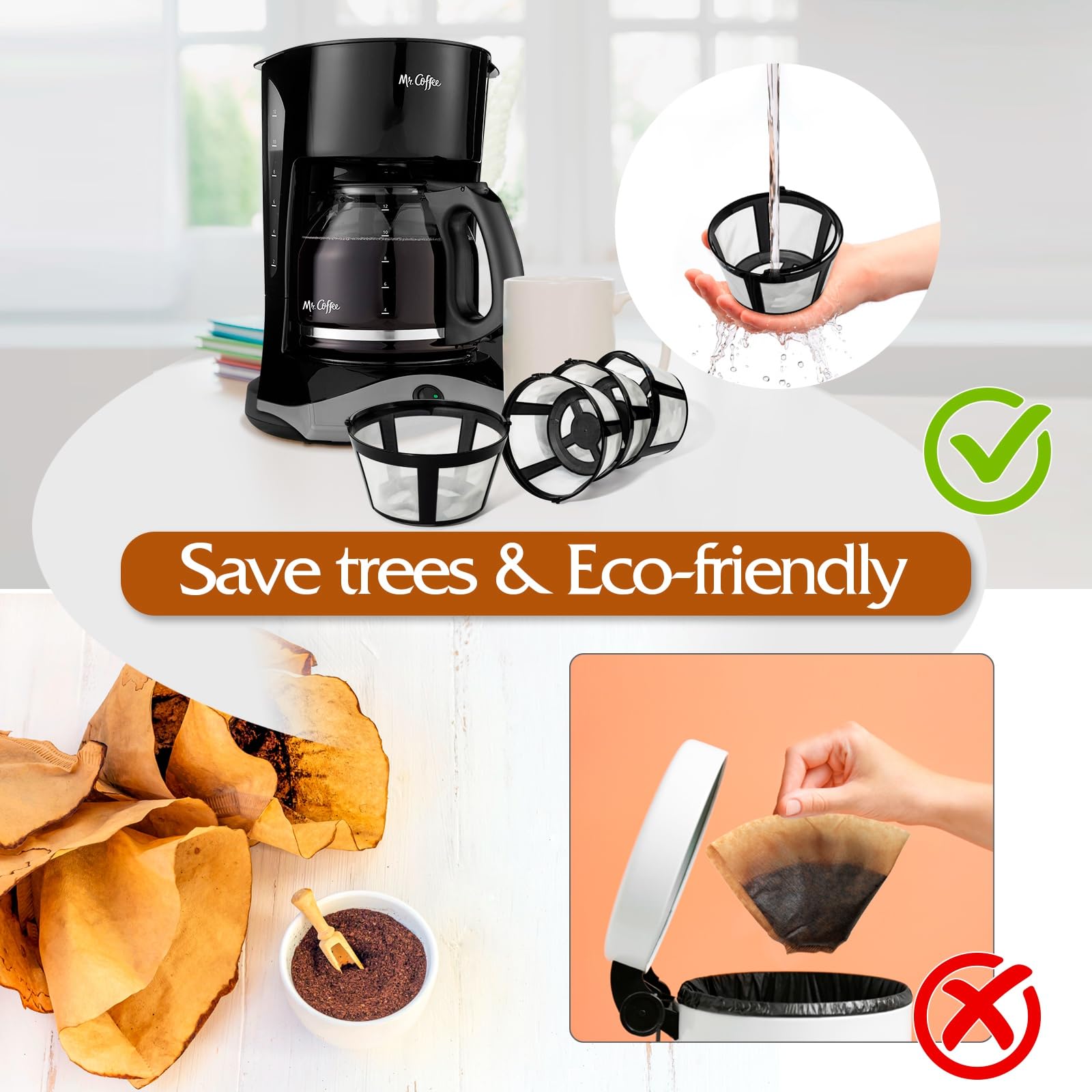 Reusable Coffee Filters 4-Pack for Mr. Coffee & Black & Decker - Brew 8-12 Cups