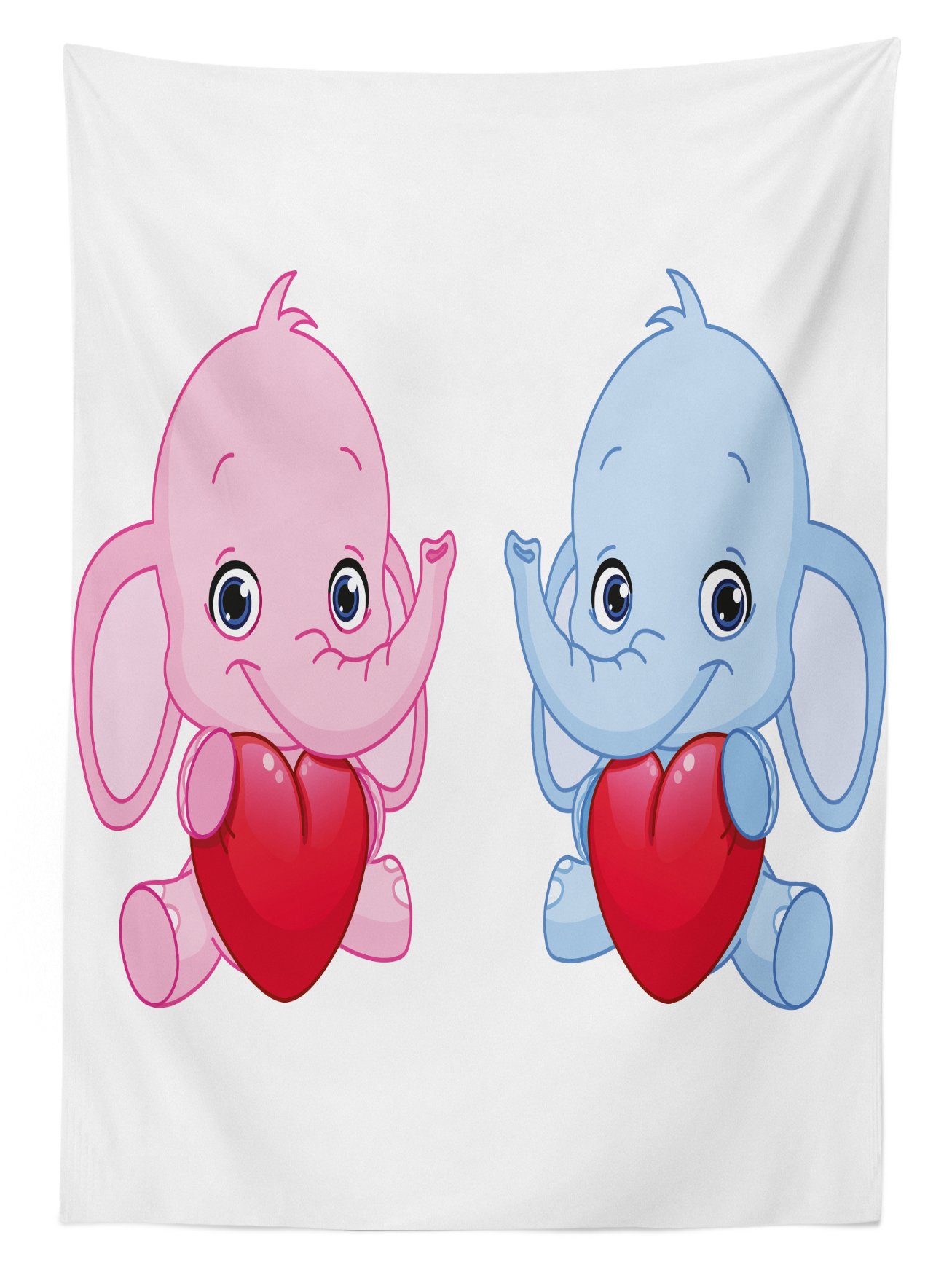 Ambesonne Funny Animal Cartoon Tablecloth - Pink & Blue Smiling Twins with Hearts Design, Washable Picnic Table Cover 58x84 Inches, Pale Pink White & Blue - Perfect for Outdoor Dining, BBQs, and Party Decorations