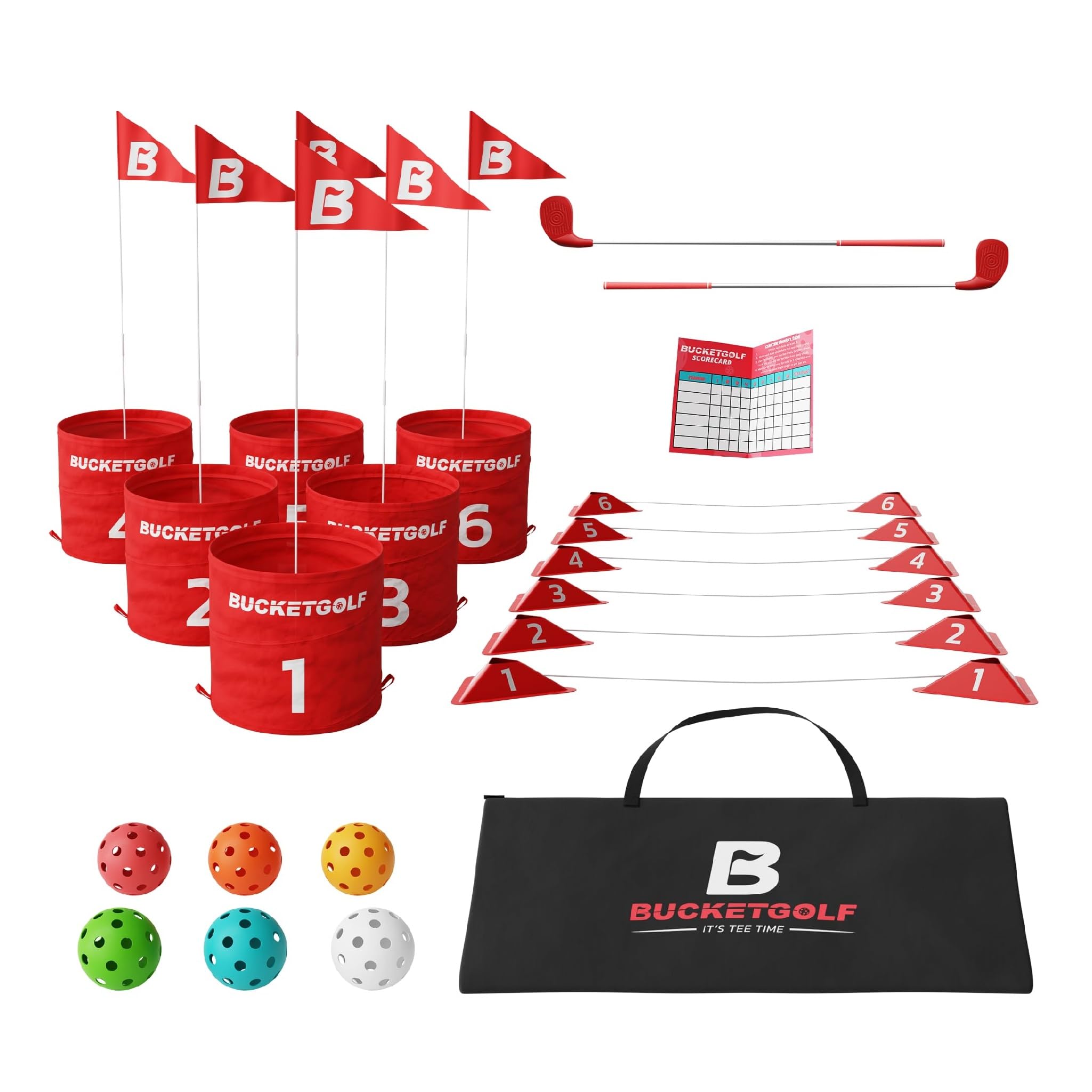 BucketGolf Game 6 Hole Bundle with 2 Clubs (1RH + 1LH) - Fun Backyard Golf Set for Adults, Kids & Families - Perfect for Yards, Parks, Beaches & Vacations - Great Outdoor Activity for Schools & Parties