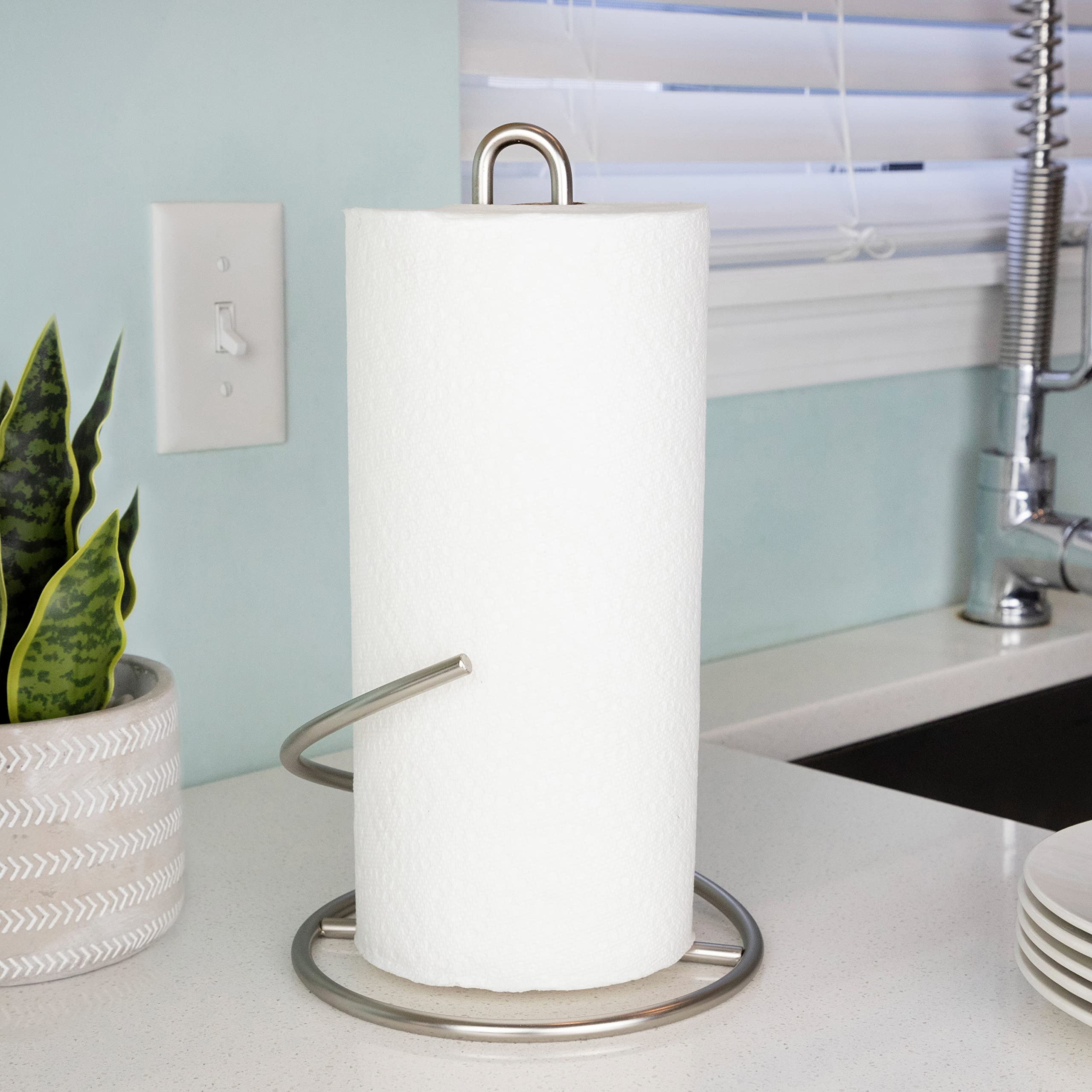 Premium Spectrum Euro Paper Towel Holder in Satin Nickel - Space-Saving Kitchen & Bathroom Organizer for Countertops, Pantry, Laundry Room, RV, and Small Apartments | Durable & Stylish Home Storage Solution