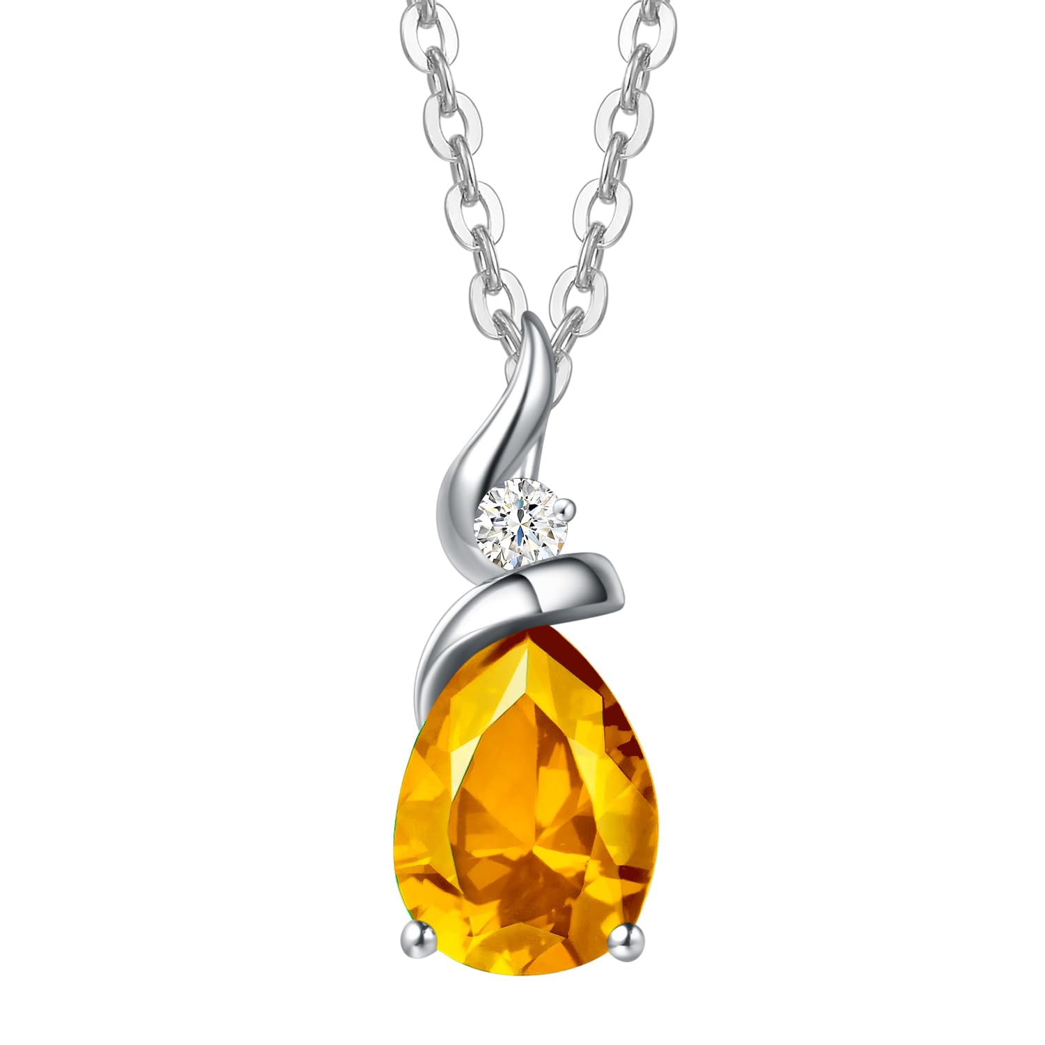 14K Solid White Gold Birthstone Pendant Necklace for Women - Pear Shaped Diamond Teardrop Necklace | Personalized Birthday Gift for Mom, Wife, Daughter | Sterling Silver Chain 16
