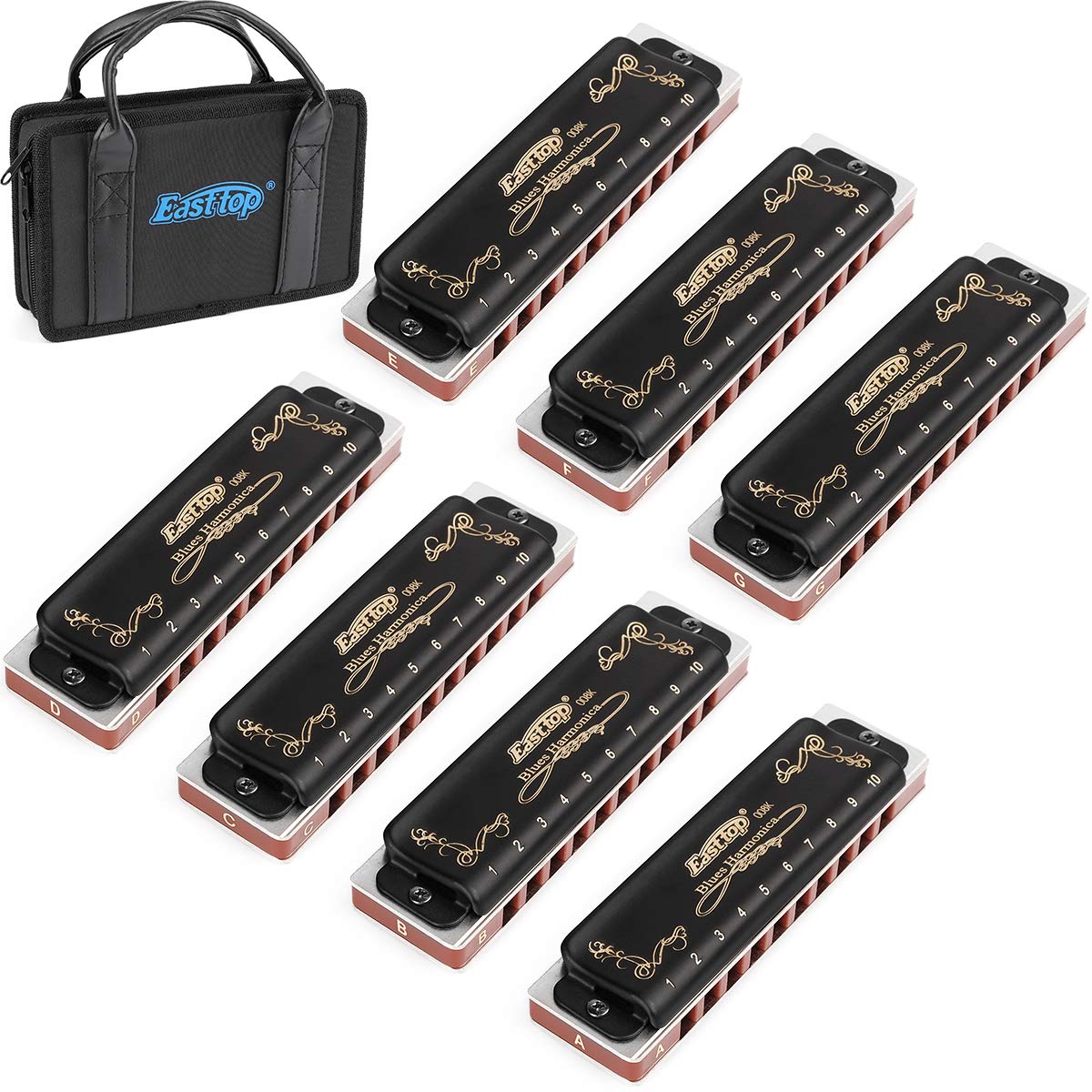 Easttop Professional 10 Hole 20 Tone Harmonica Set - 7 Keys (A,B,C,D,E,F,G) with Protective Case, Cleaning Cloth - Perfect for Adults, Beginners & Professional Players - Durable Black Design for Live Performances, Studio Recording & Music Practice