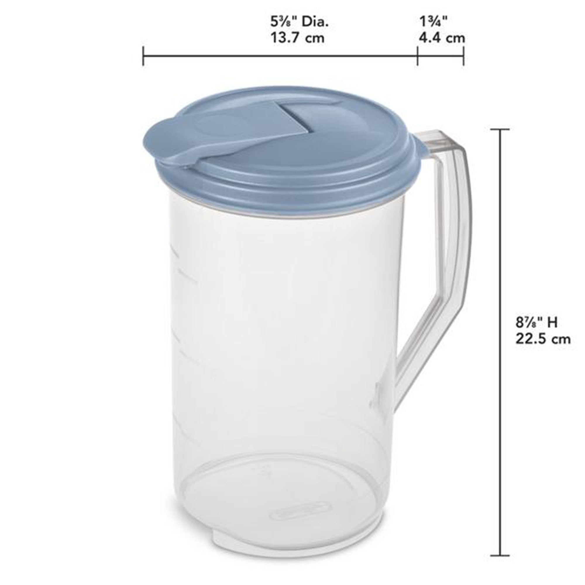 Sterilite 2 Quart Clear Round Plastic Pitcher with Blue Lid - Dishwasher Safe, Easy Pour Spout & Handle - 18-Pack for Kitchen, Parties, Restaurants & Catering