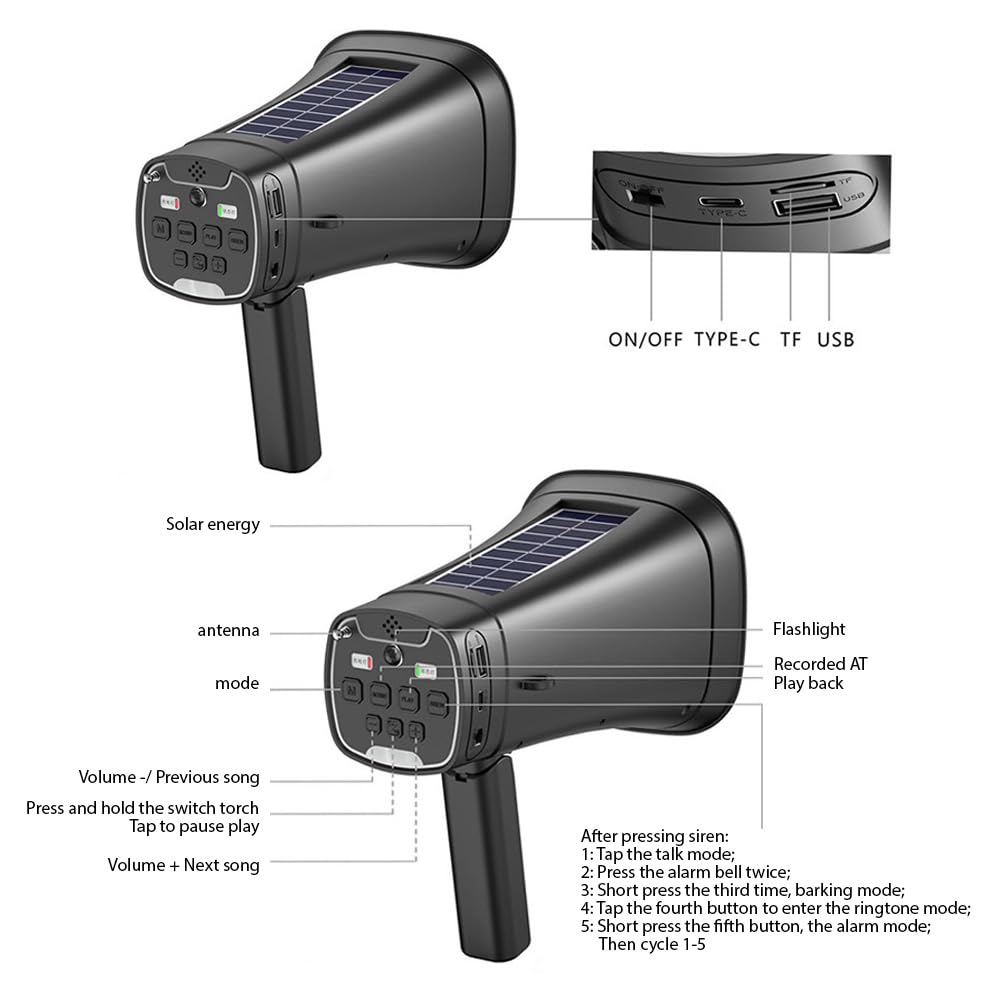 Solar-Powered Megaphone Speaker - Portable Wireless Outdoor PA System with Recording & LED Light - Handheld Voice Amplifier for Public Speaking, Teaching, Camping & Emergency Use - Includes Adjustable Strap