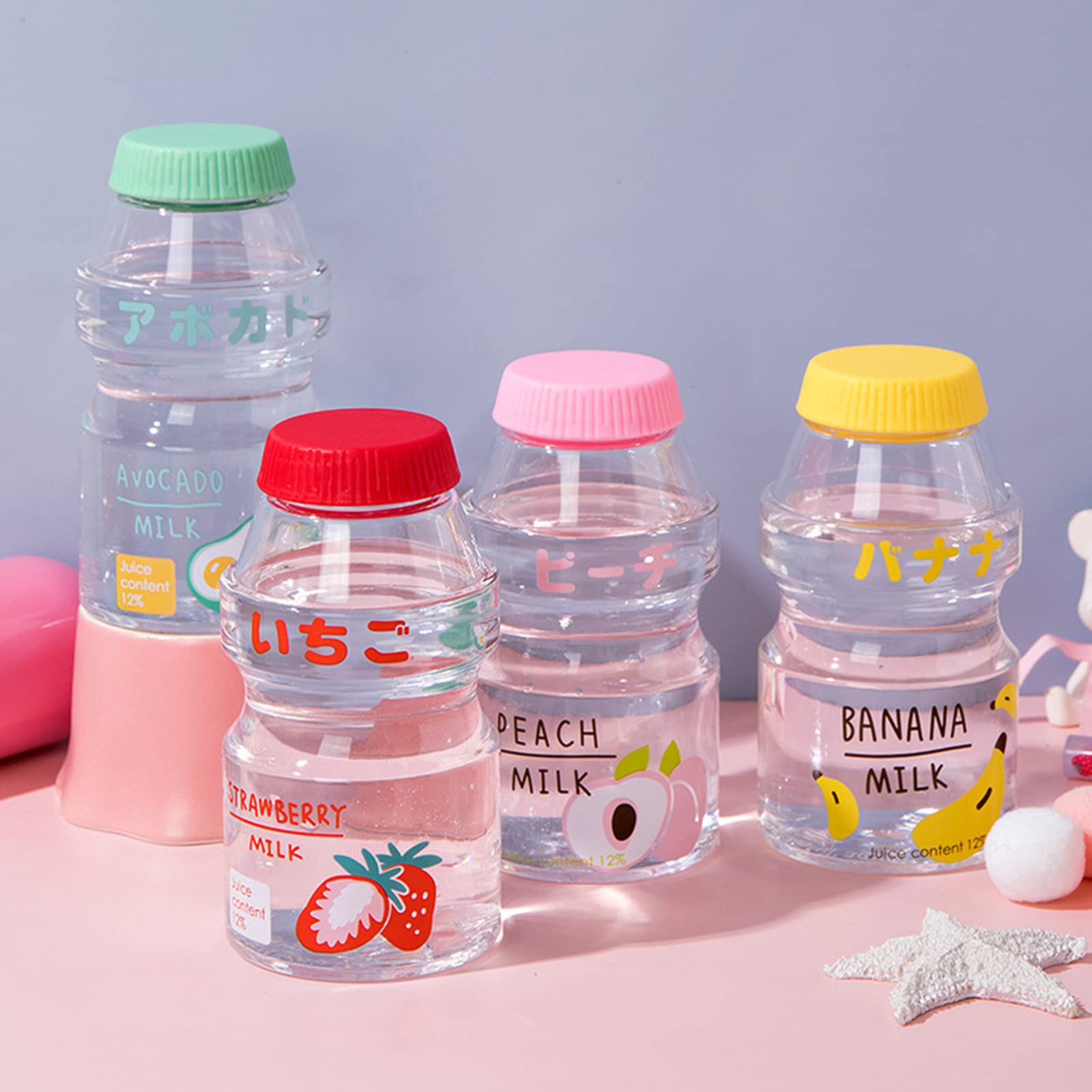 4Pcs Kawaii Strawberry Milk Water Bottles - Cute 16oz Plastic Bottles for Kids, Girls & Women - Perfect for School & Outdoors