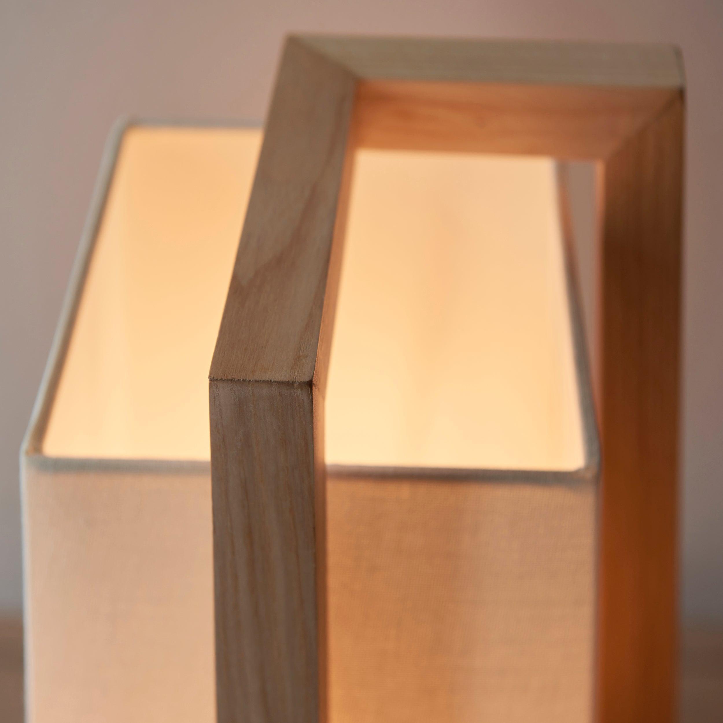 Modern Geometric Wood Table Lamp with White Fabric Shade - Stylish Home Office & Bedroom Lighting Decor
