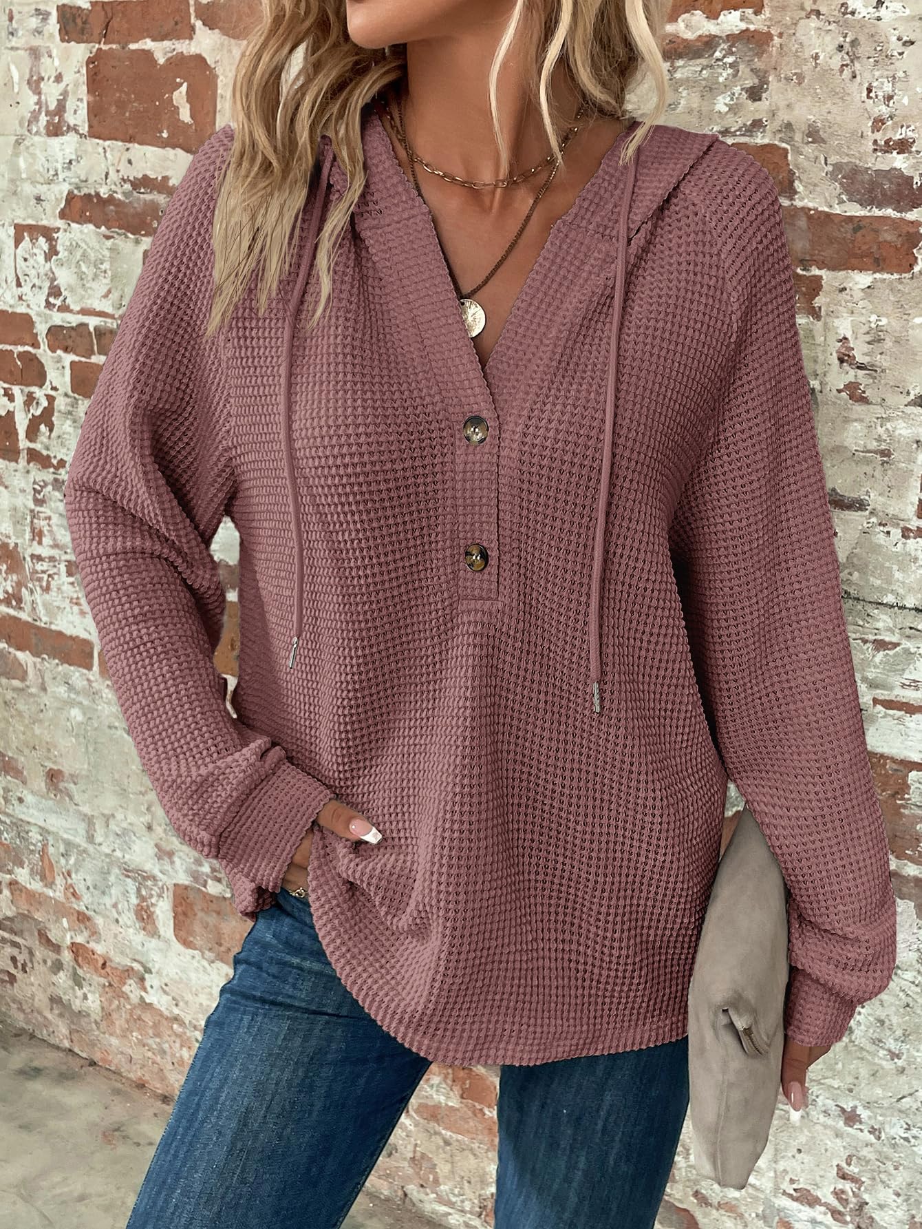WDIRARA Women's Oversized Hoodies - Soft Waffle Knit Sweatshirt with V-Neck & Button Front - Cozy Pullover for Casual Wear, Loungewear & Fall Fashion