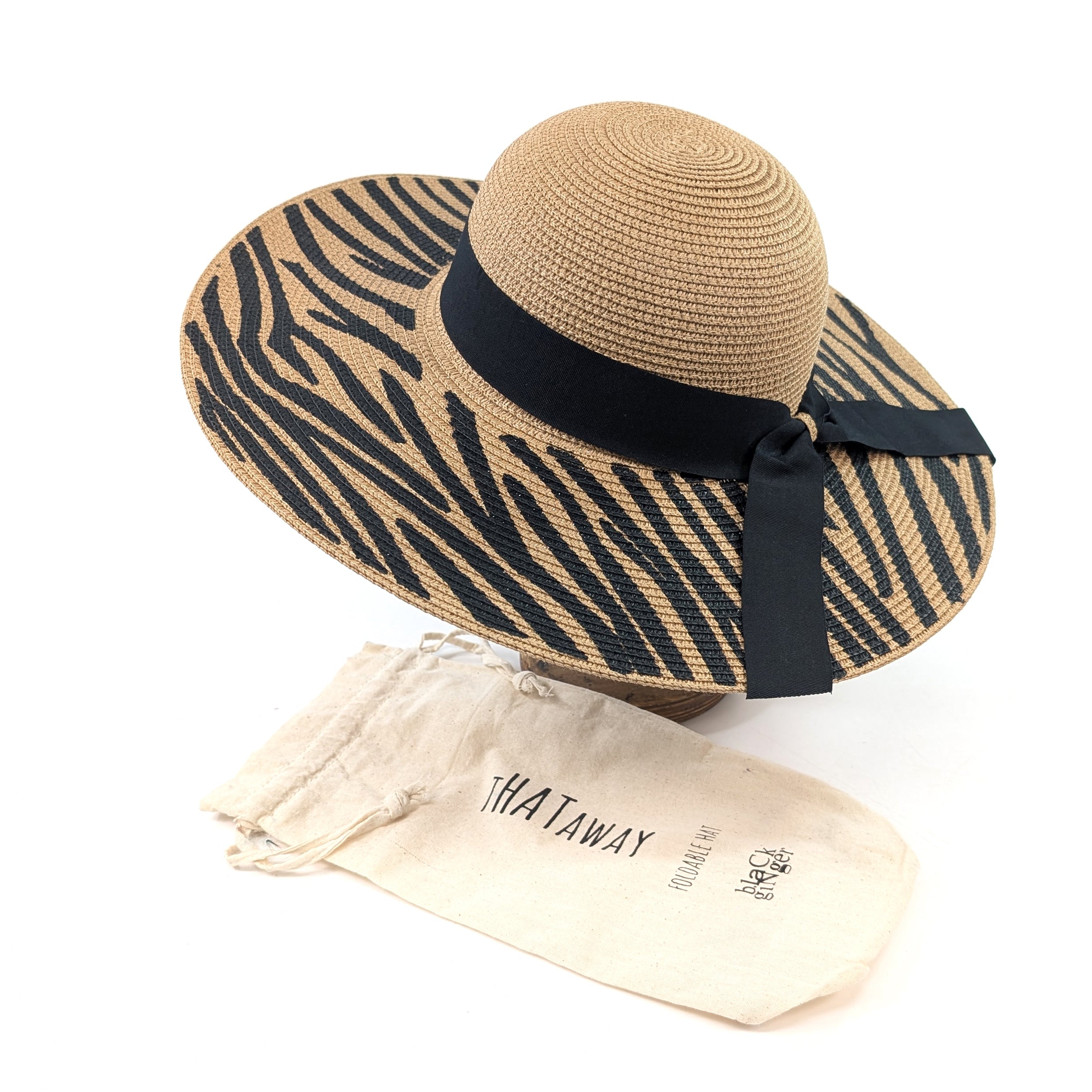 Stylish Zebra Print Wide Brim Foldable Sun Hat (57cm) - Dark Natural/Black for Women | Perfect for Beach, Vacation & Outdoor Activities