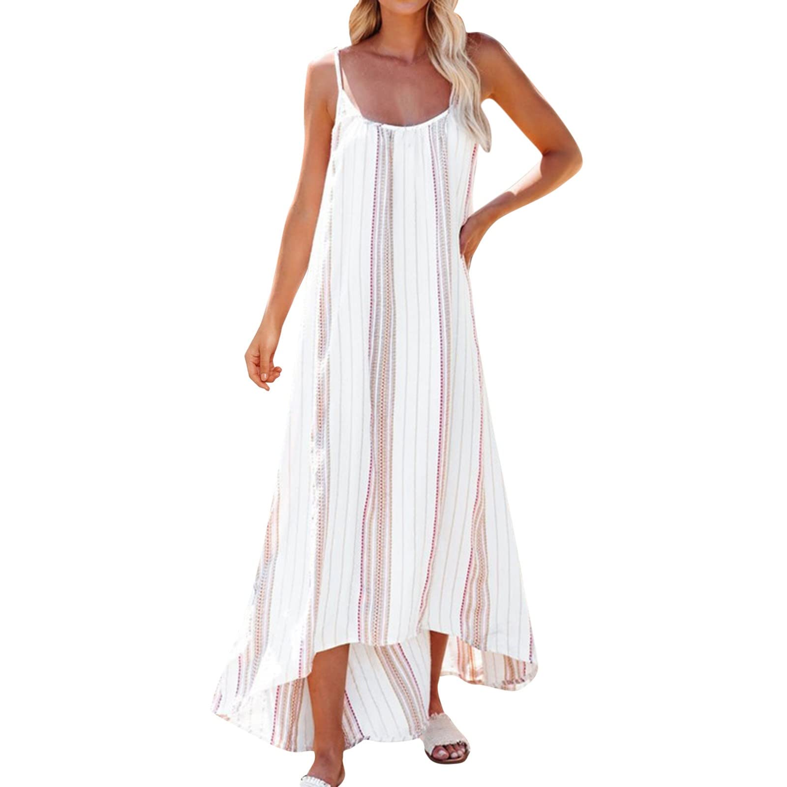 Women's Summer Vacation Dress - Sleeveless Striped Spaghetti Strap Maxi Dress with Irregular Hem | Beachwear, Street Fashion & Casual Outfit