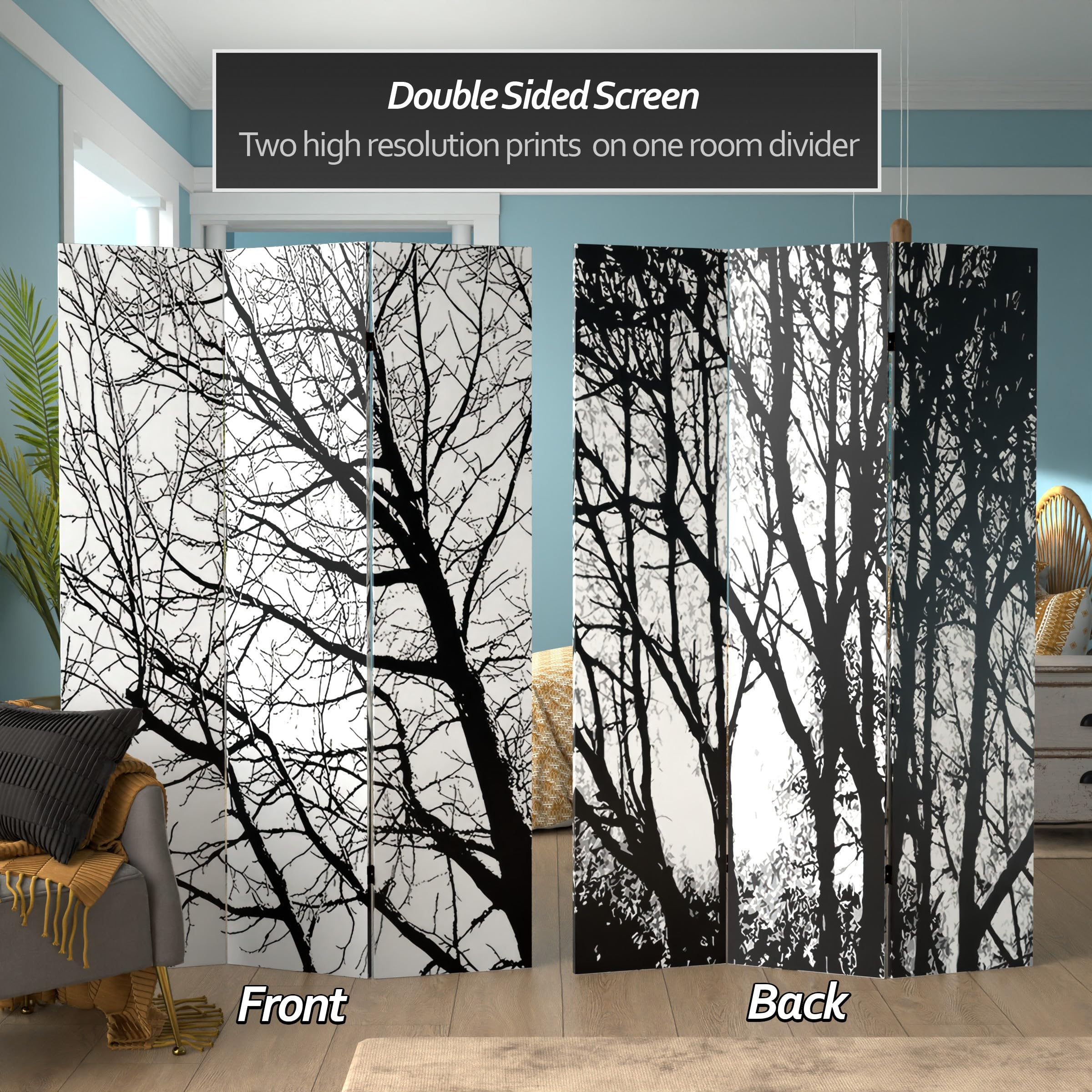 6 ft. Tall Double Sided Wooden Room Divider with Black & White Tree Design - Woodland Symphony Red Lantern Screen for Home Decor, Office Partition & Event Backdrop