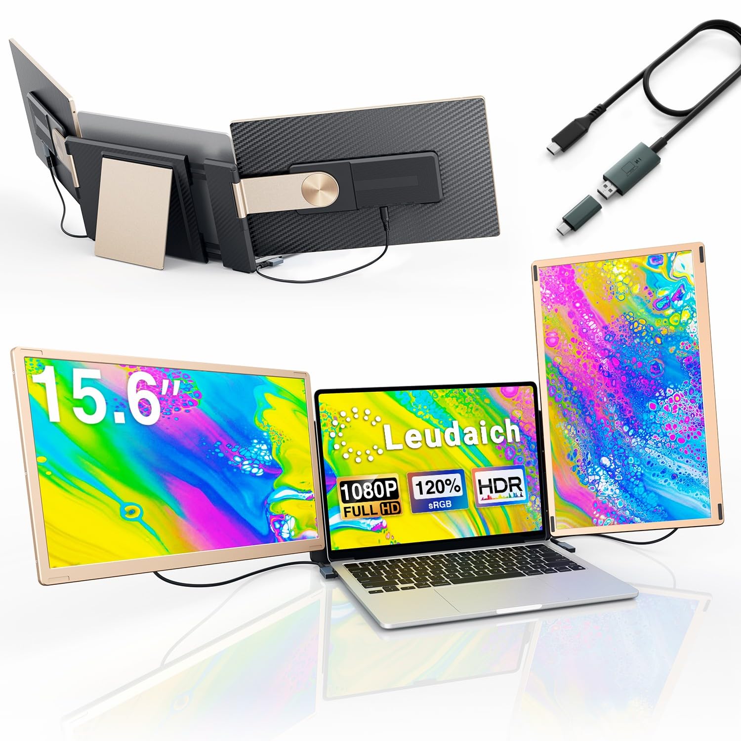 15.6'' Laptop Screen Extender & 2-in-1 USB-A/C Video Cable - Triple Monitor Setup for Laptops Without Full Type-C Ports | Compatible with Mac, Windows, Android, Dex | Perfect for Office Work, Gaming & Multitasking