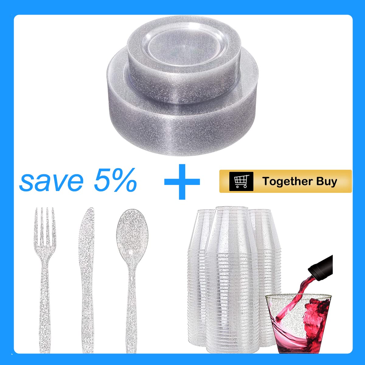 200-Pack 9oz Silver Plastic Cups & 360-Piece Silver Plastic Cutlery Set with 120 Silver Plastic Plates - Elegant Disposable Tableware for Parties, Weddings, and Events