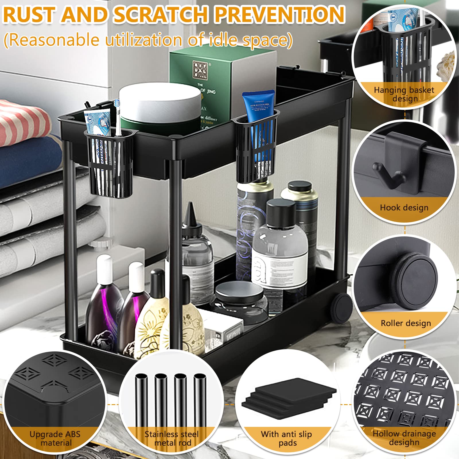 McNory 2-Tier Under Sink Organizer Shelf with 8 Hooks & 4 Hanging Cups - Bathroom & Kitchen Cabinet Storage for Sponges, Cleaning Supplies - Perfect for Small Spaces, Vanity, Countertop Organization