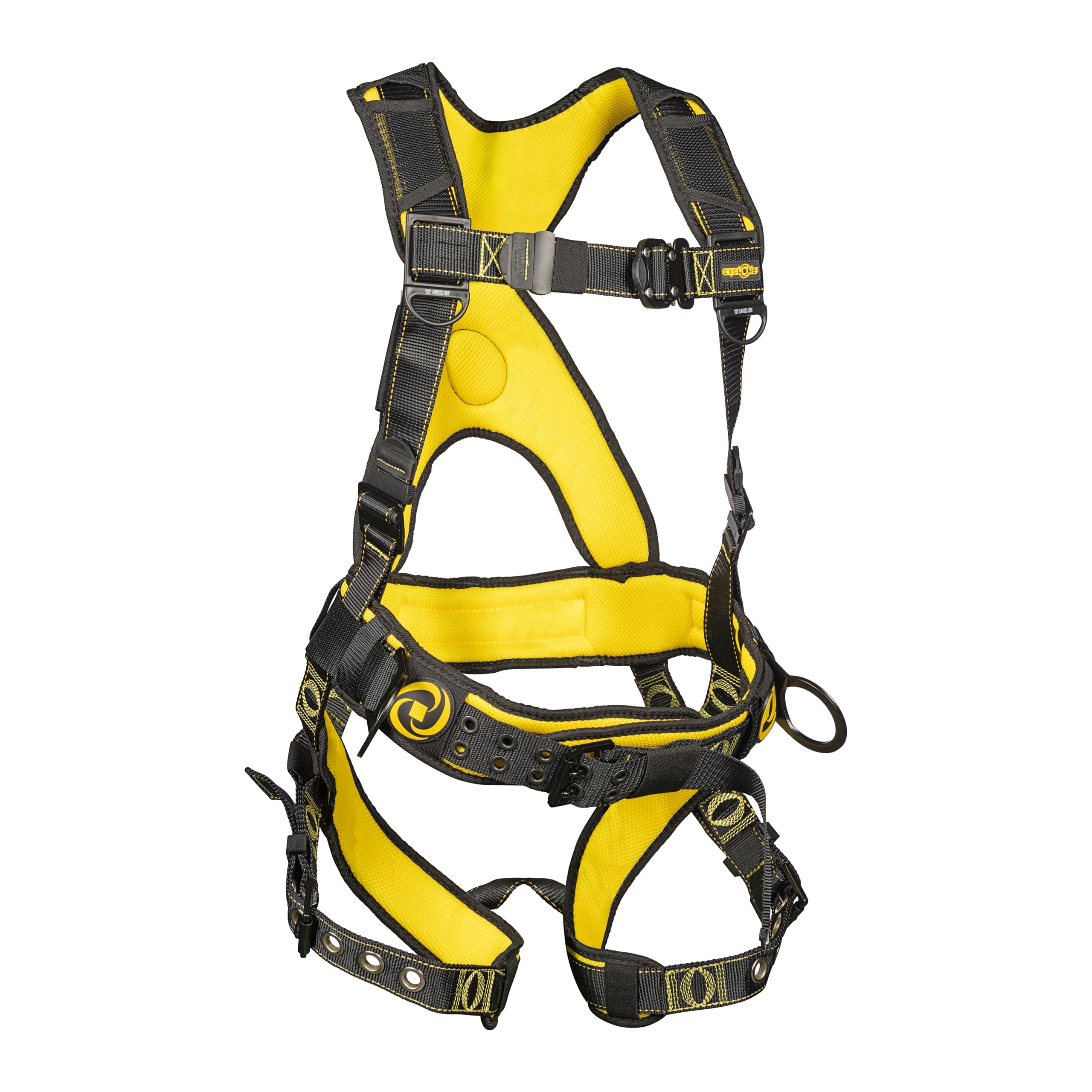 Guardian 21030 Cyclone Construction Safety Harness with Waist Pad - OSHA & ANSI Compliant Fall Protection Gear with Side D-Rings - Adjustable M-L Size in Black/Yellow for Roofing, Scaffolding & High-Rise Work