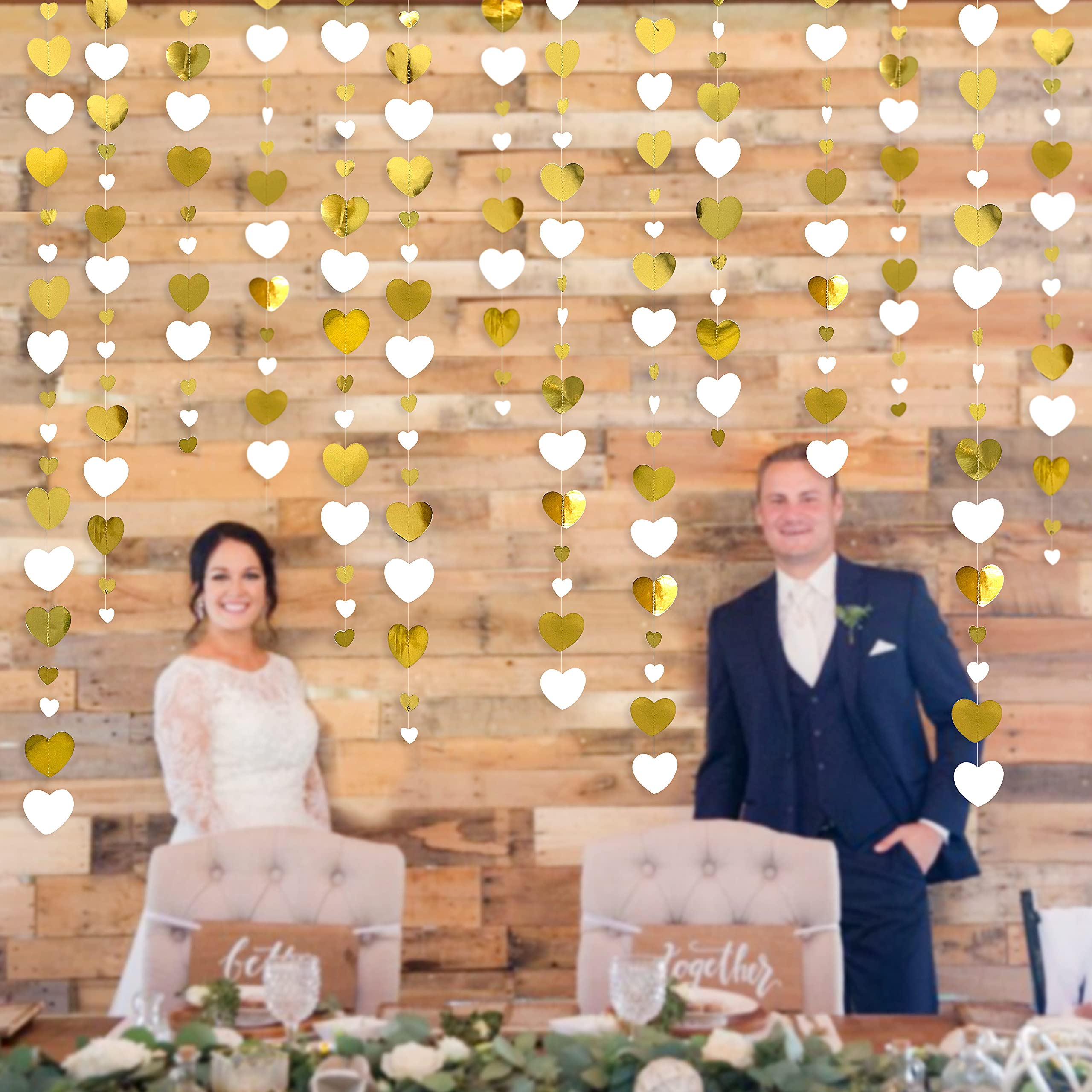 White and Gold Heart Garland - Valentine's Day Party Decorations for Anniversary, Bachelorette, Mother's Day, Engagement, Wedding, Bridal Shower & Birthday | Romantic Hanging Love Streamer Banner for Home & Event Decor