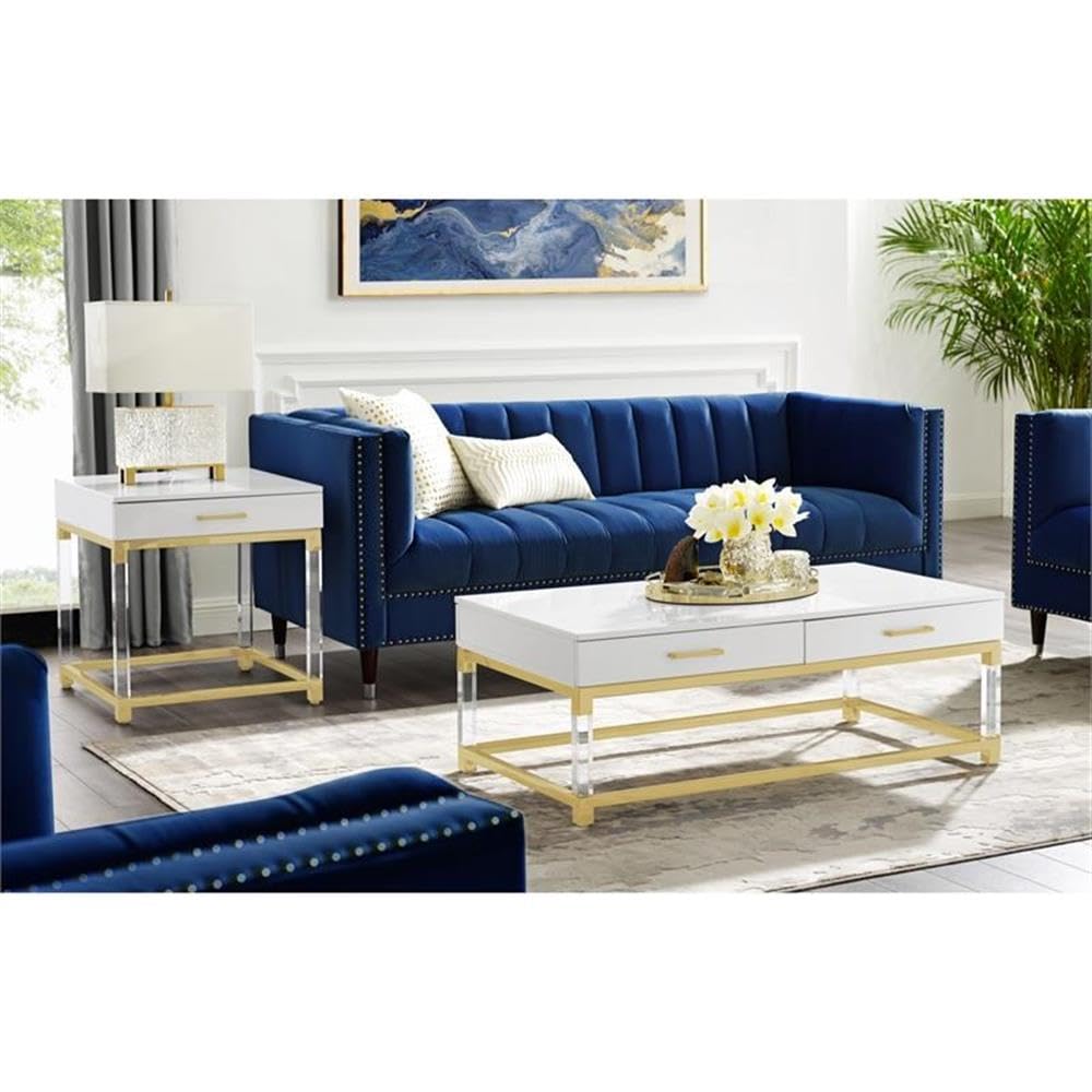 Briar 1-Drawer Metal End Table with Acrylic Legs in White & Gold - Modern Nightstand, Living Room Side Table, Bedroom Accent Table for Small Spaces