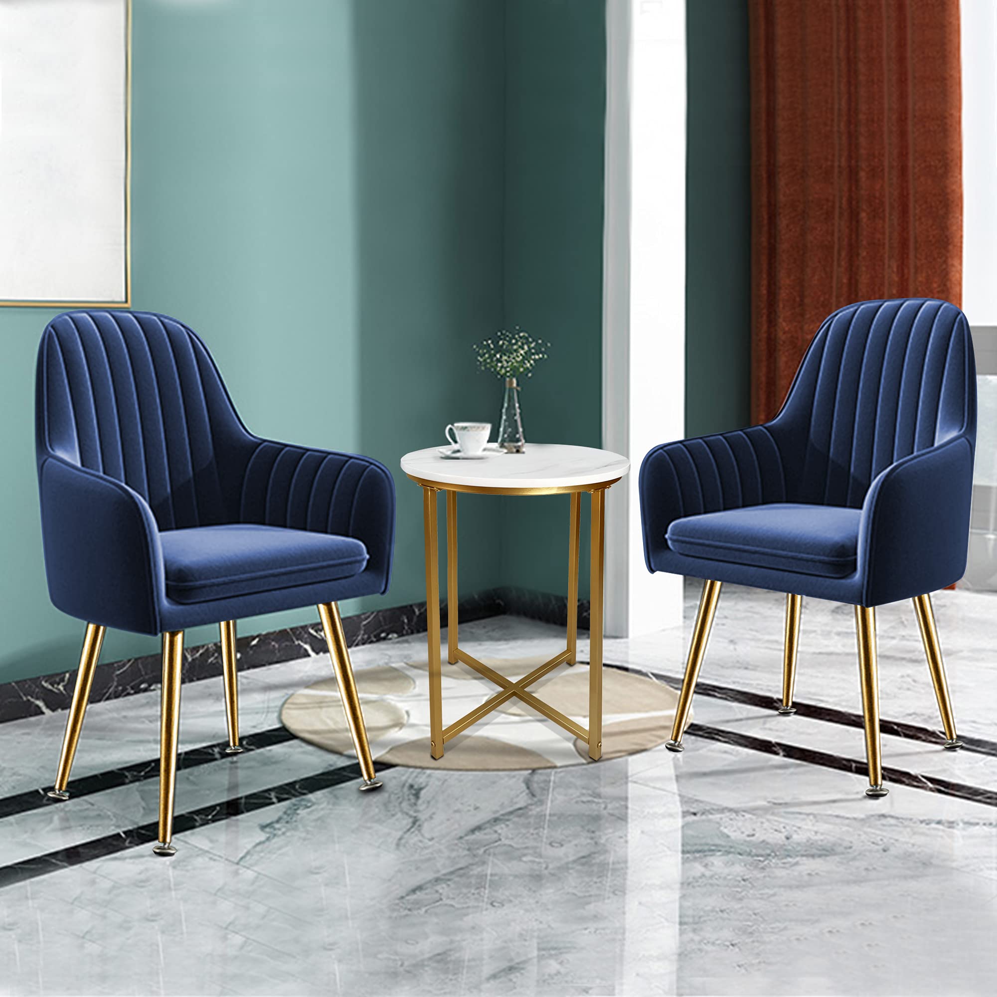 3-Piece Mid Century Modern Dining Table Set - Round Kitchen Table with 2 Upholstered Accent Armchairs, Golden Metal Legs, Blue Fabric - Perfect for Small Space Dining Rooms, Breakfast Nooks & Guest Entertaining